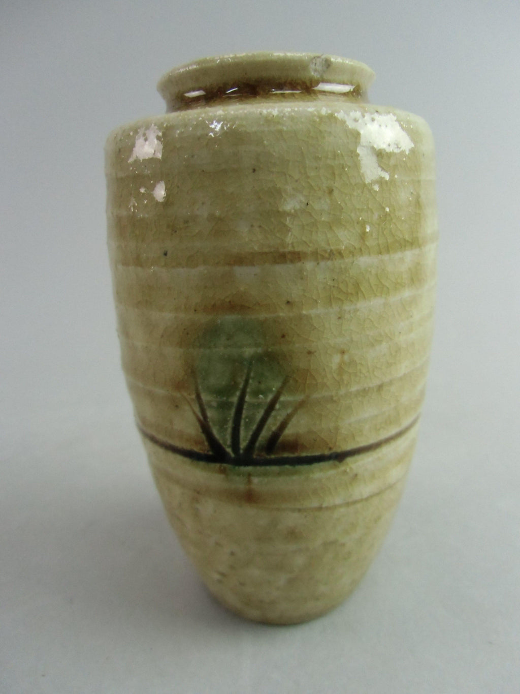 Japanese Ki Seto ware Mini Flower Vase Vtg Pottery Beige Green Ikebana MFV51