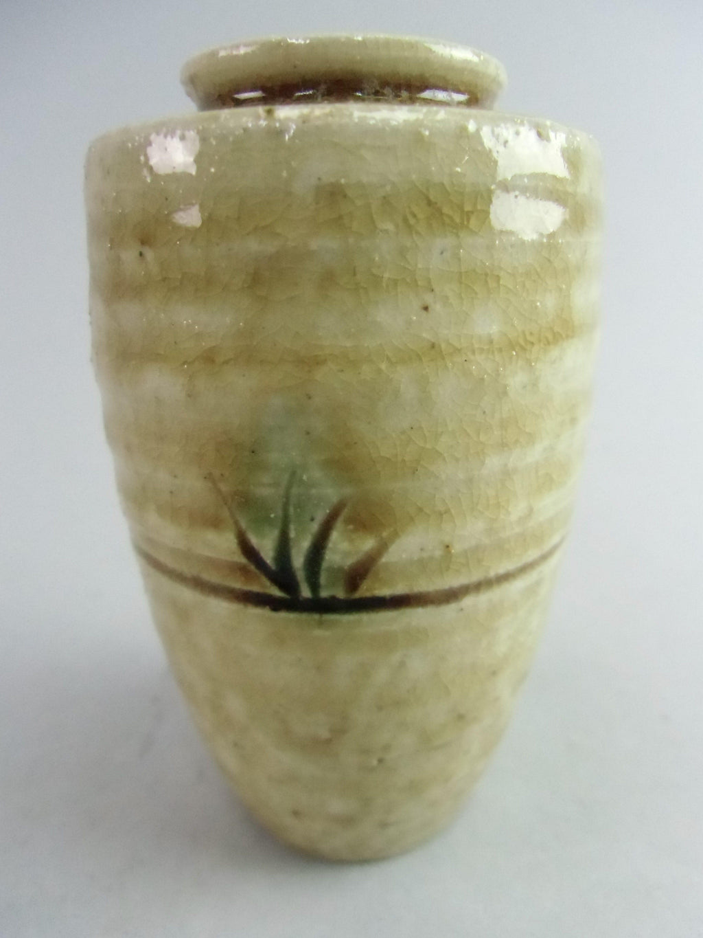 Japanese Ki Seto ware Mini Flower Vase Vtg Pottery Beige Green Ikebana MFV52