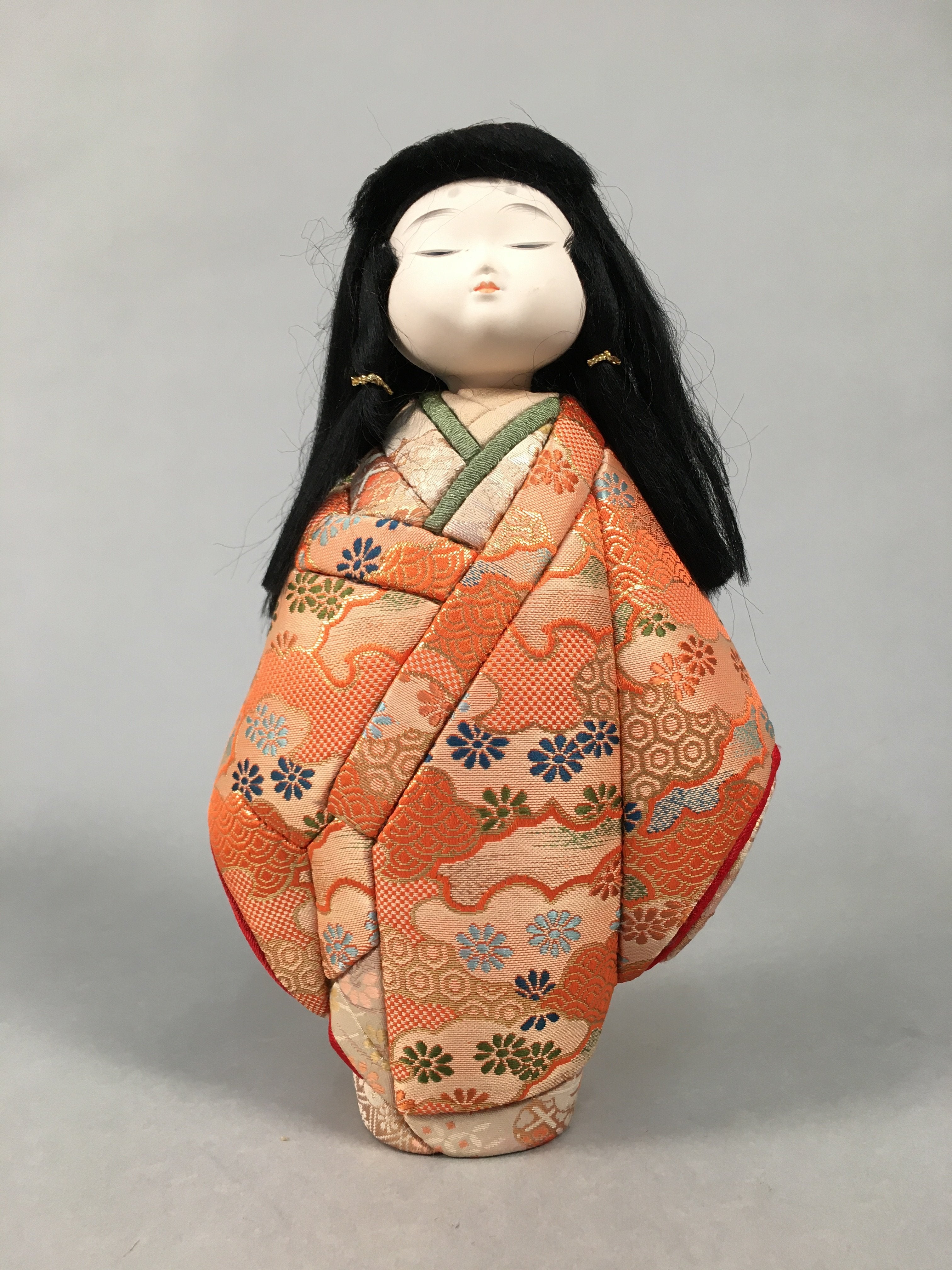 Japanese Kimekomi Doll Vtg Ningyo Kimono Wood Fabric Girl Okimono ID359