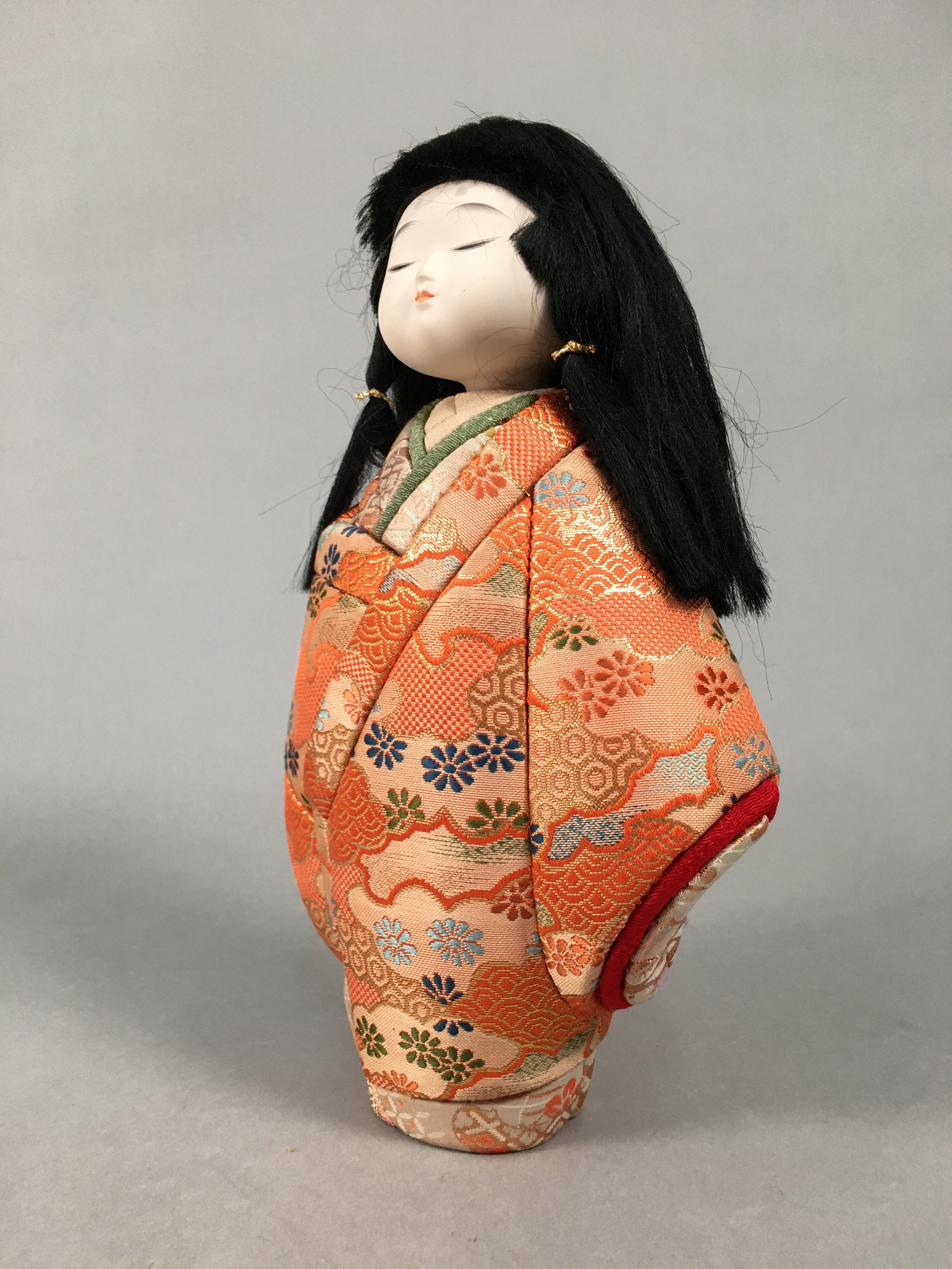 Japanese Kimekomi Doll Vtg Ningyo Kimono Wood Fabric Girl Okimono ID359