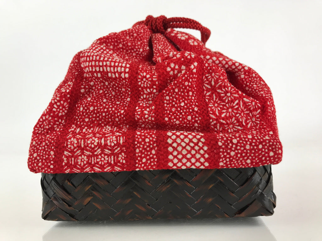 Japanese Kimono Cloth Bamboo Drawstring Bag Vtg Pouch Kago Kinchaku-Bukuro KB55