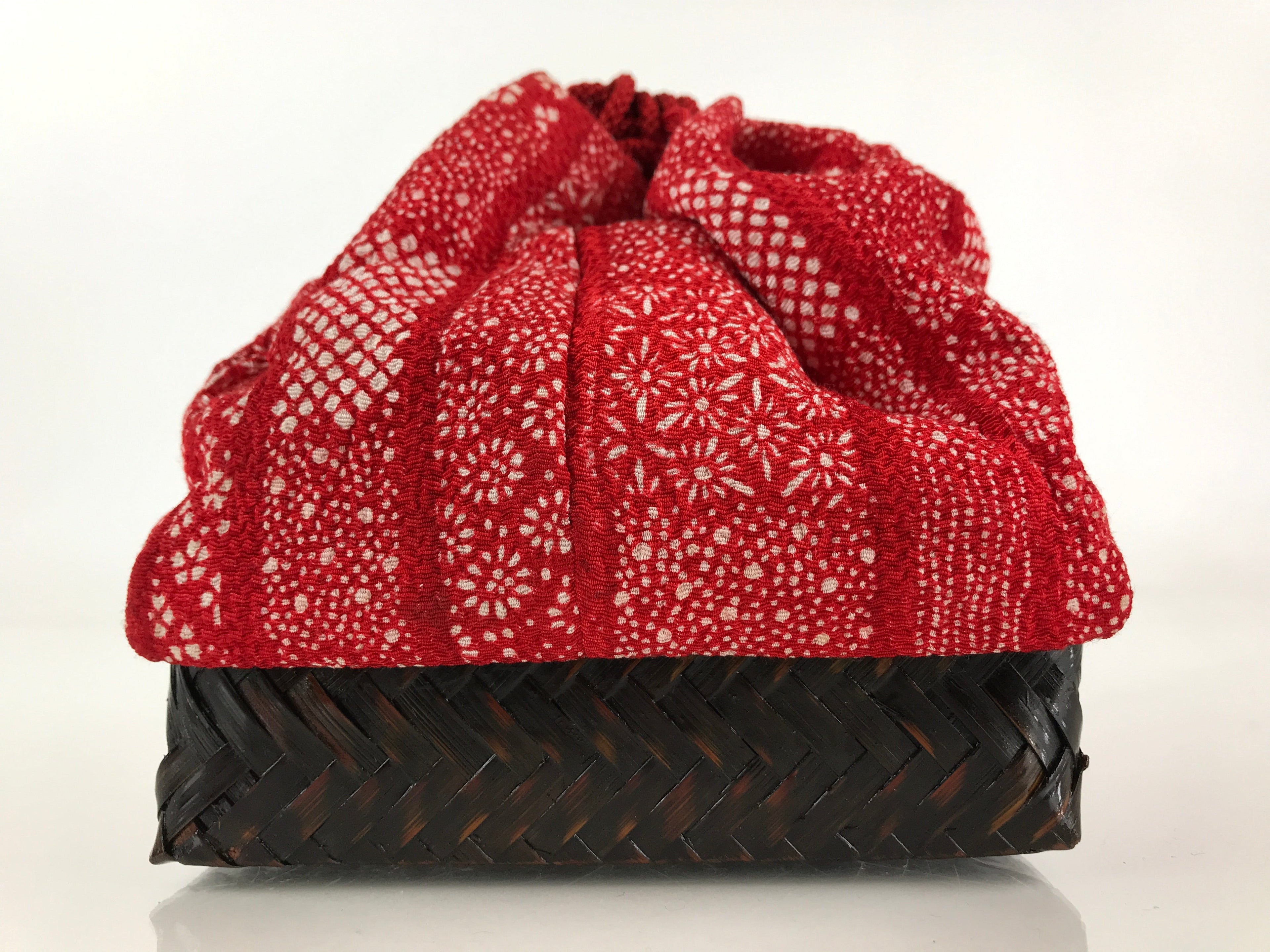 Japanese Kimono Cloth Bamboo Drawstring Bag Vtg Pouch Kago Kinchaku-Bukuro KB55