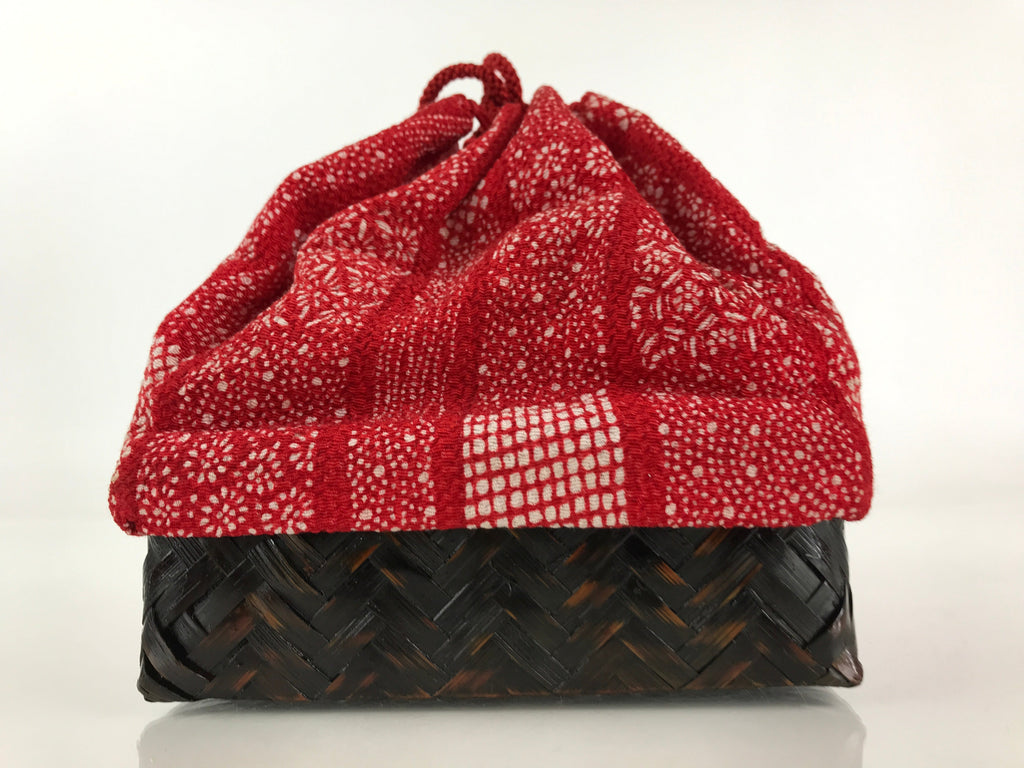 Japanese Kimono Cloth Bamboo Drawstring Bag Vtg Pouch Kago Kinchaku-Bukuro KB55