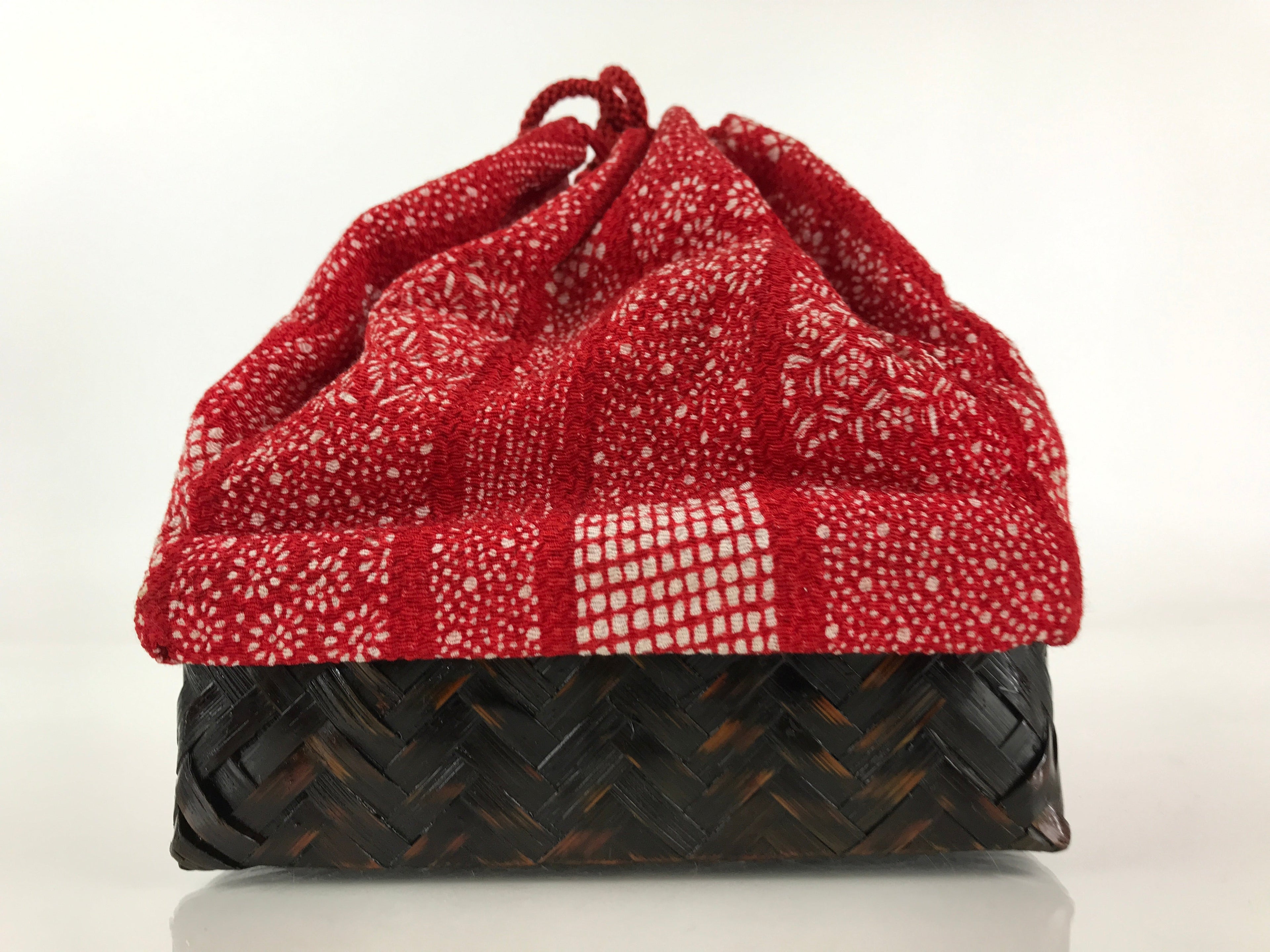 Japanese Kimono Cloth Bamboo Drawstring Bag Vtg Pouch Kago Kinchaku-Bukuro KB55