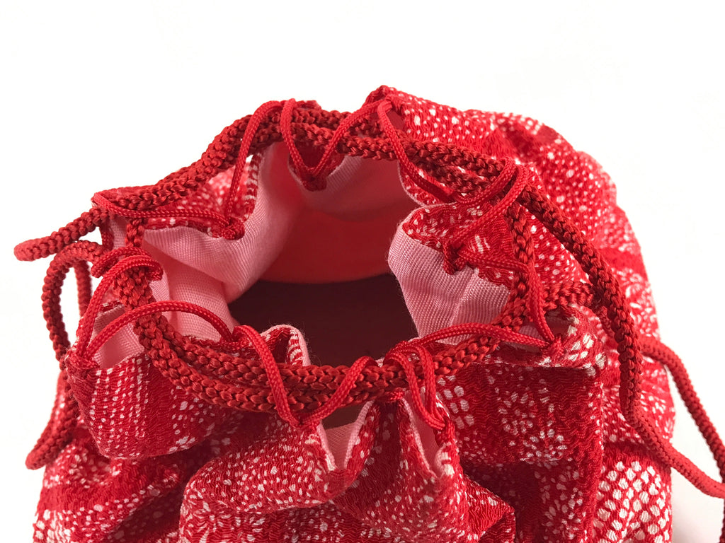 Japanese Kimono Cloth Bamboo Drawstring Bag Vtg Pouch Kago Kinchaku-Bukuro KB55