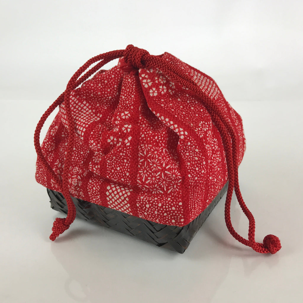 Japanese Kimono Cloth Bamboo Drawstring Bag Vtg Pouch Kago Kinchaku-Bukuro KB55