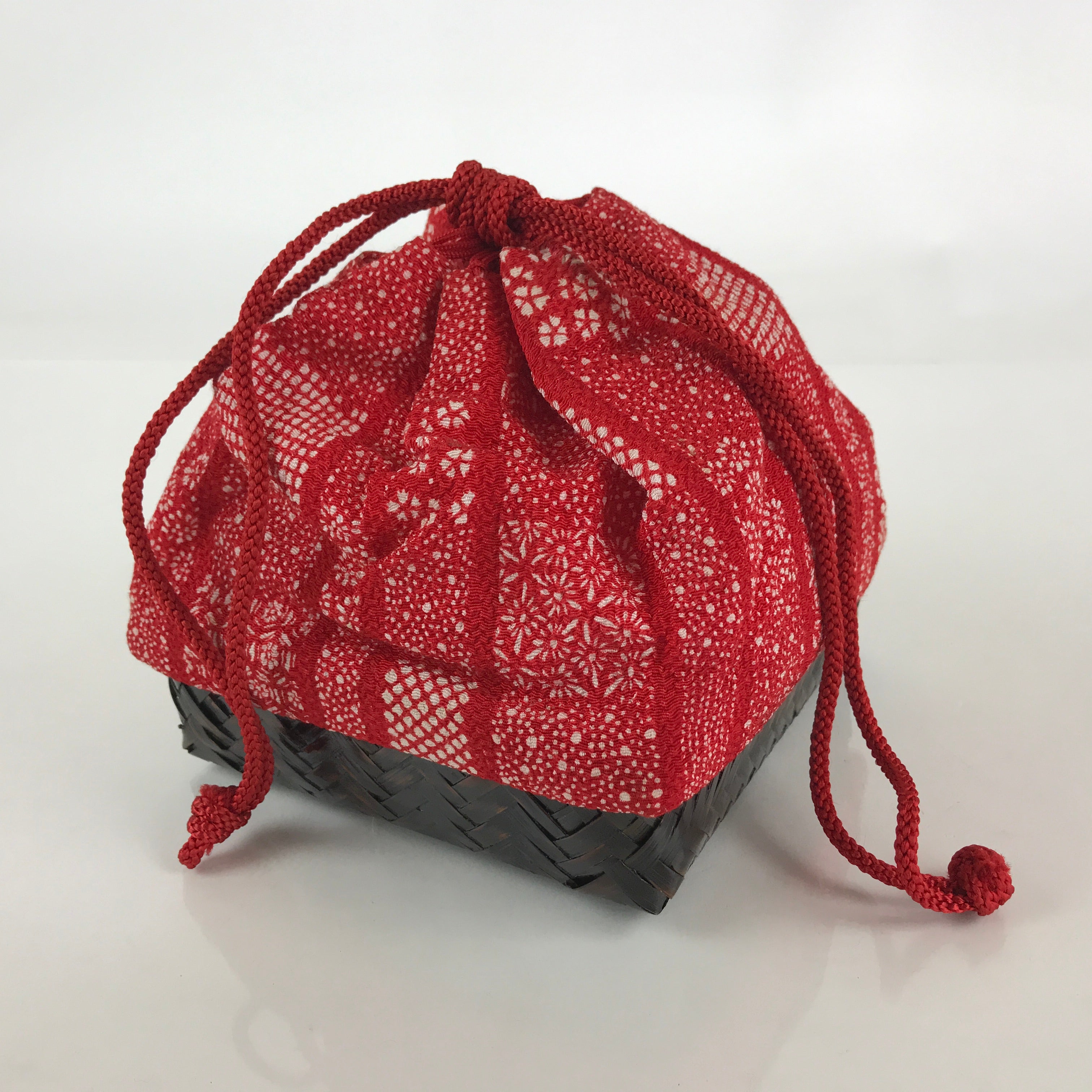 Japanese Kimono Cloth Bamboo Drawstring Bag Vtg Pouch Kago Kinchaku-Bukuro KB55