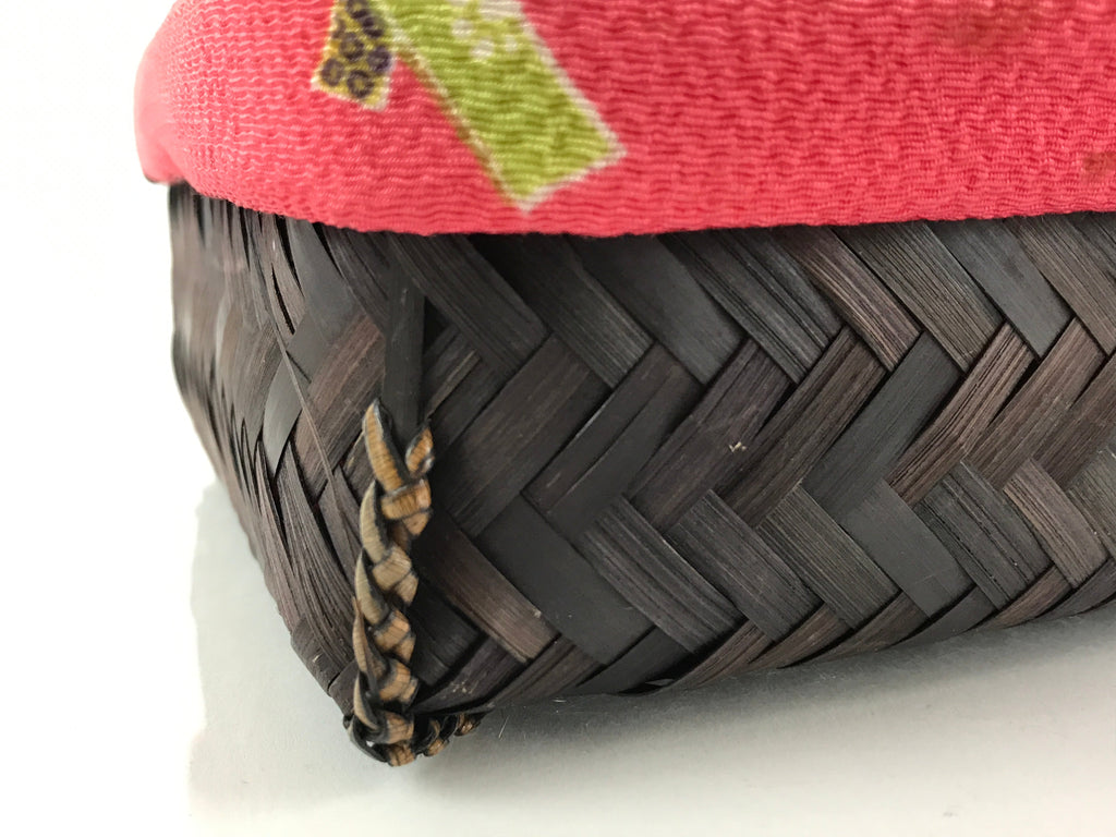 Japanese Kimono Cloth Bamboo Drawstring Bag Vtg Pouch Kago Kinchaku-Bukuro KB56