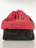 Japanese Kimono Cloth Bamboo Drawstring Bag Vtg Pouch Kago Kinchaku-Bukuro KB56