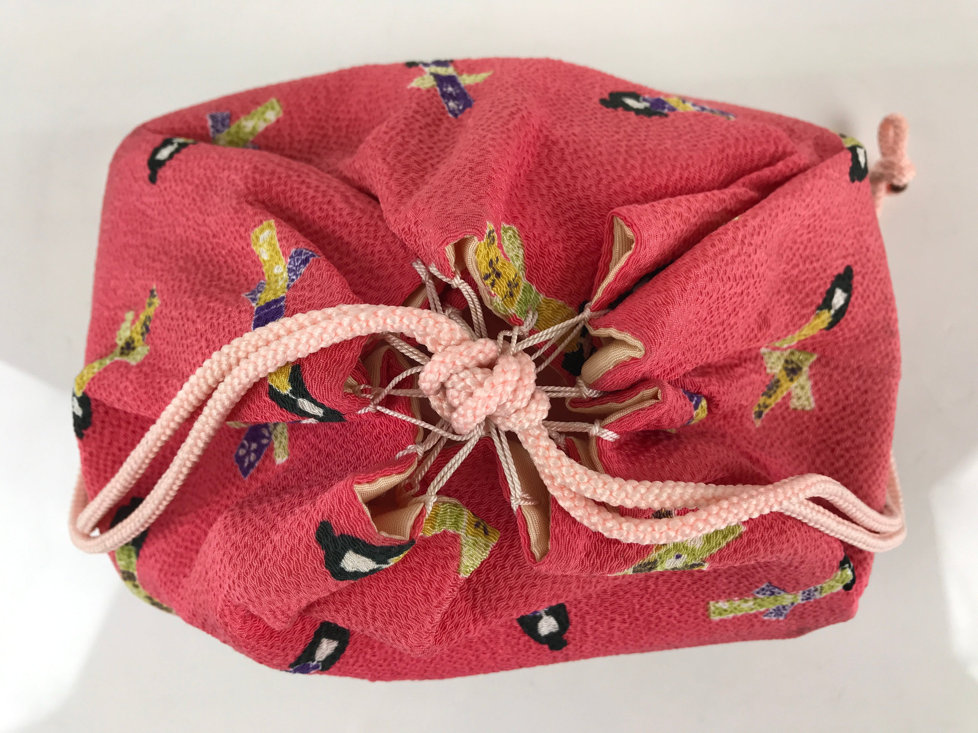 Japanese Kimono Cloth Bamboo Drawstring Bag Vtg Pouch Kago Kinchaku-Bukuro KB56