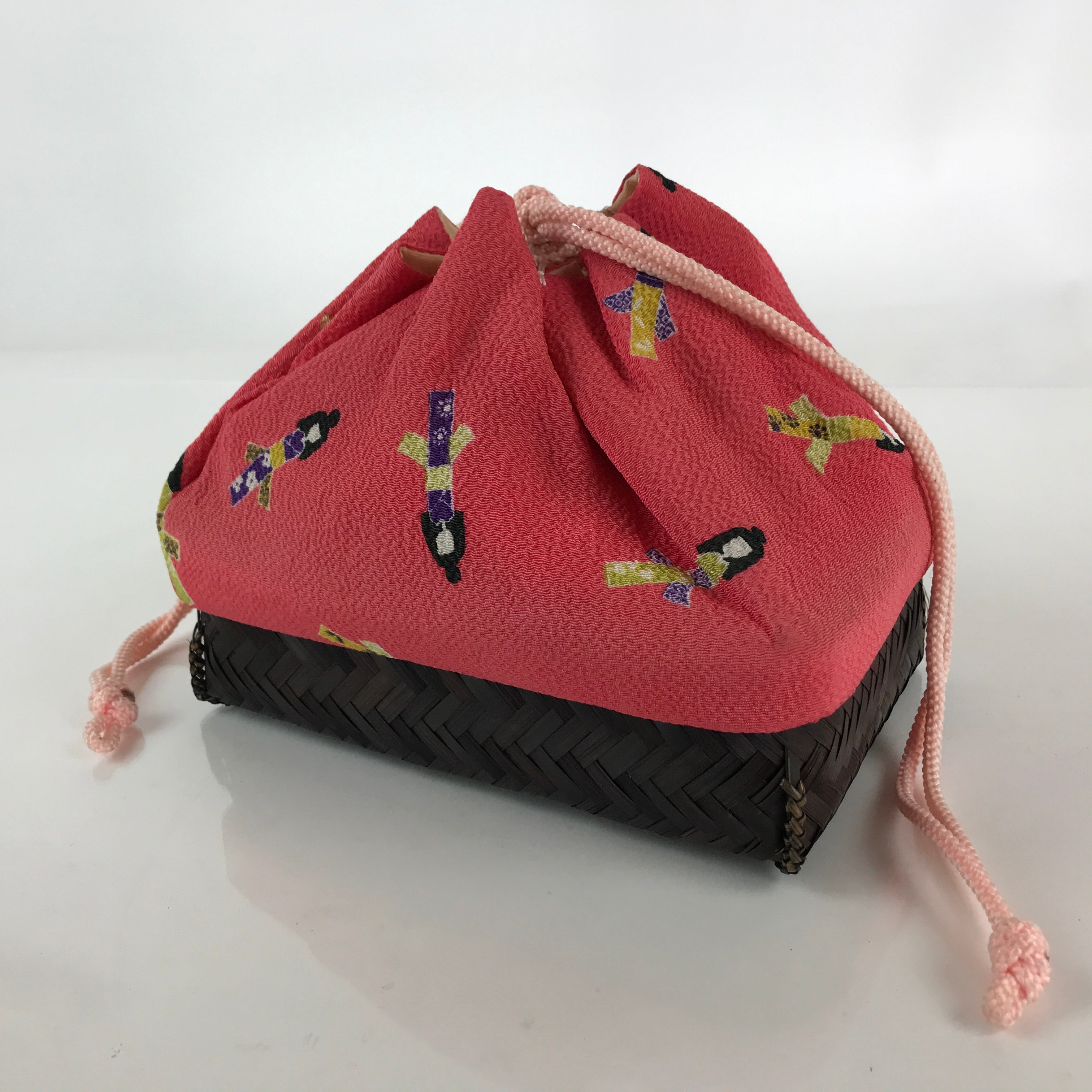 Japanese Kimono Cloth Bamboo Drawstring Bag Vtg Pouch Kago Kinchaku-Bukuro KB56