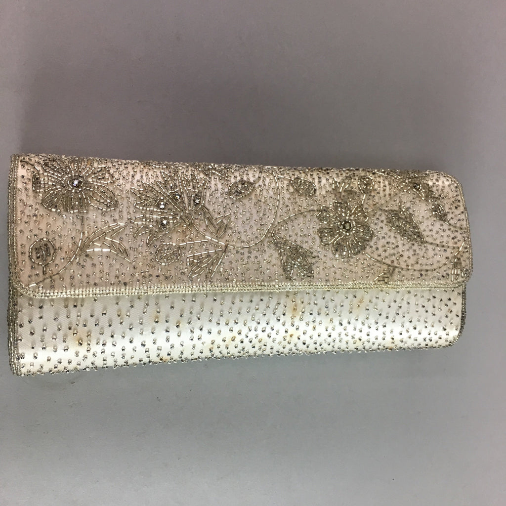 Japanese Kimono Clutch Bag Fabric Silver Beads Floral Design Purse Mirror KB7
