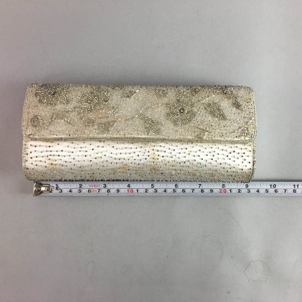 Japanese Kimono Clutch Bag Fabric Silver Beads Floral Design Purse Mirror KB7