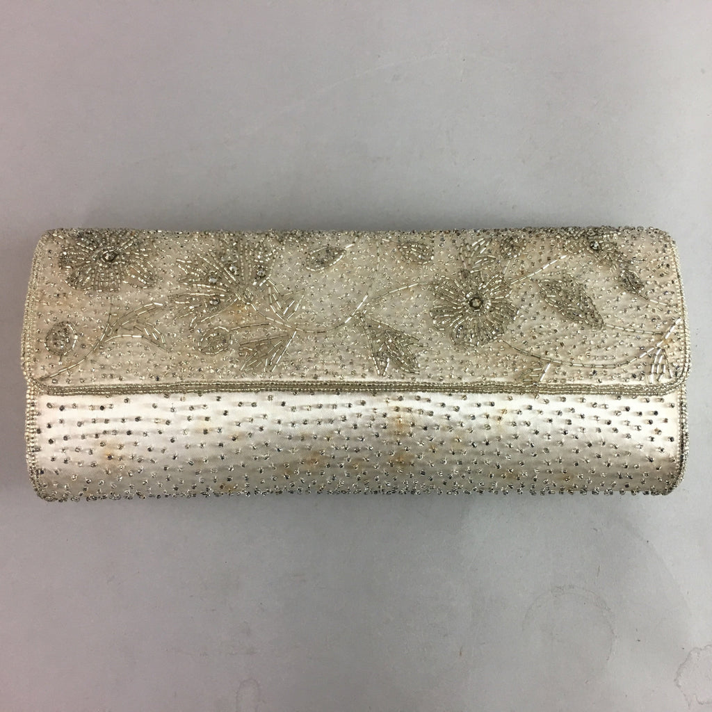 Japanese Kimono Clutch Bag Fabric Silver Beads Floral Design Purse Mirror KB7