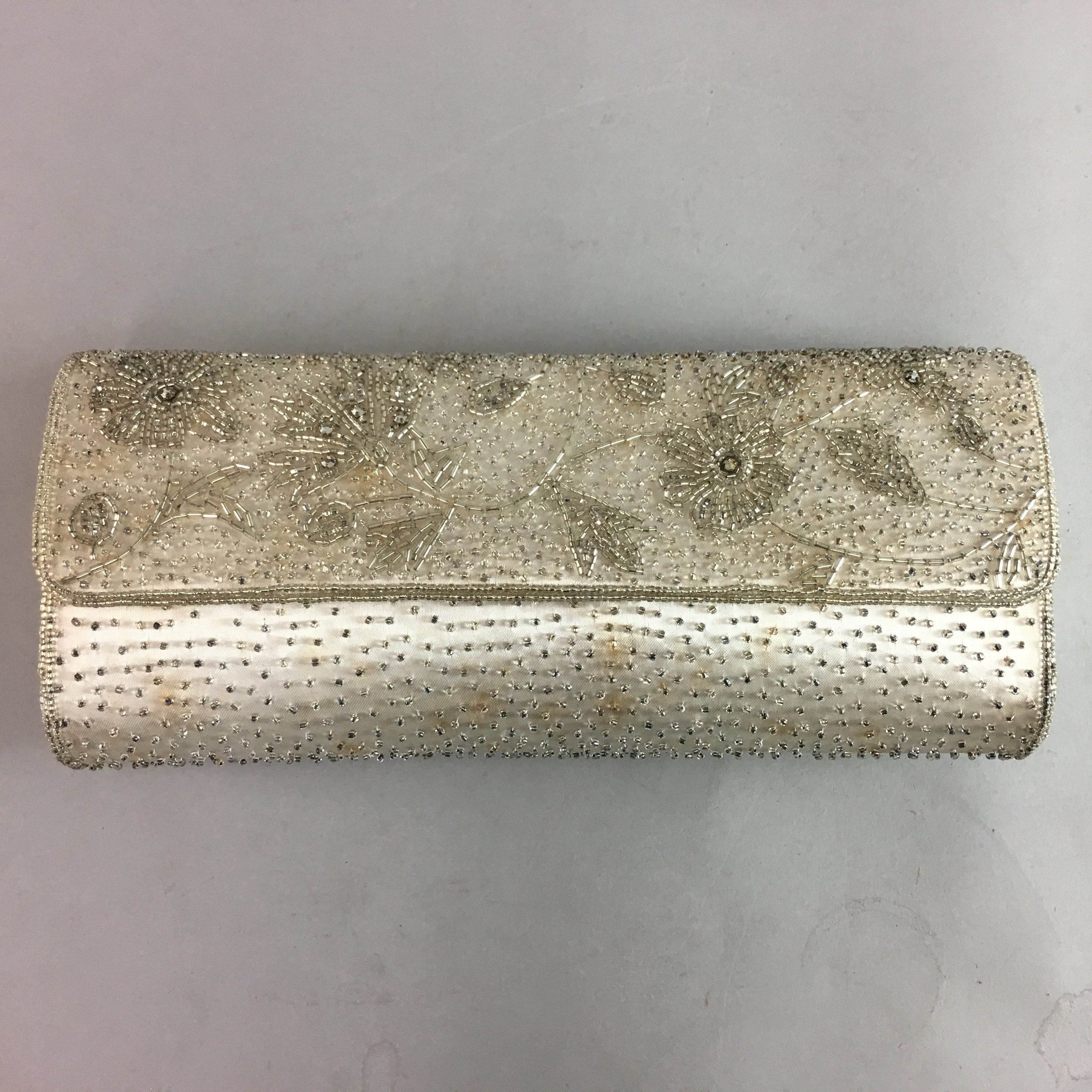 Japanese Kimono Clutch Bag Fabric Silver Beads Floral Design Purse Mirror KB7