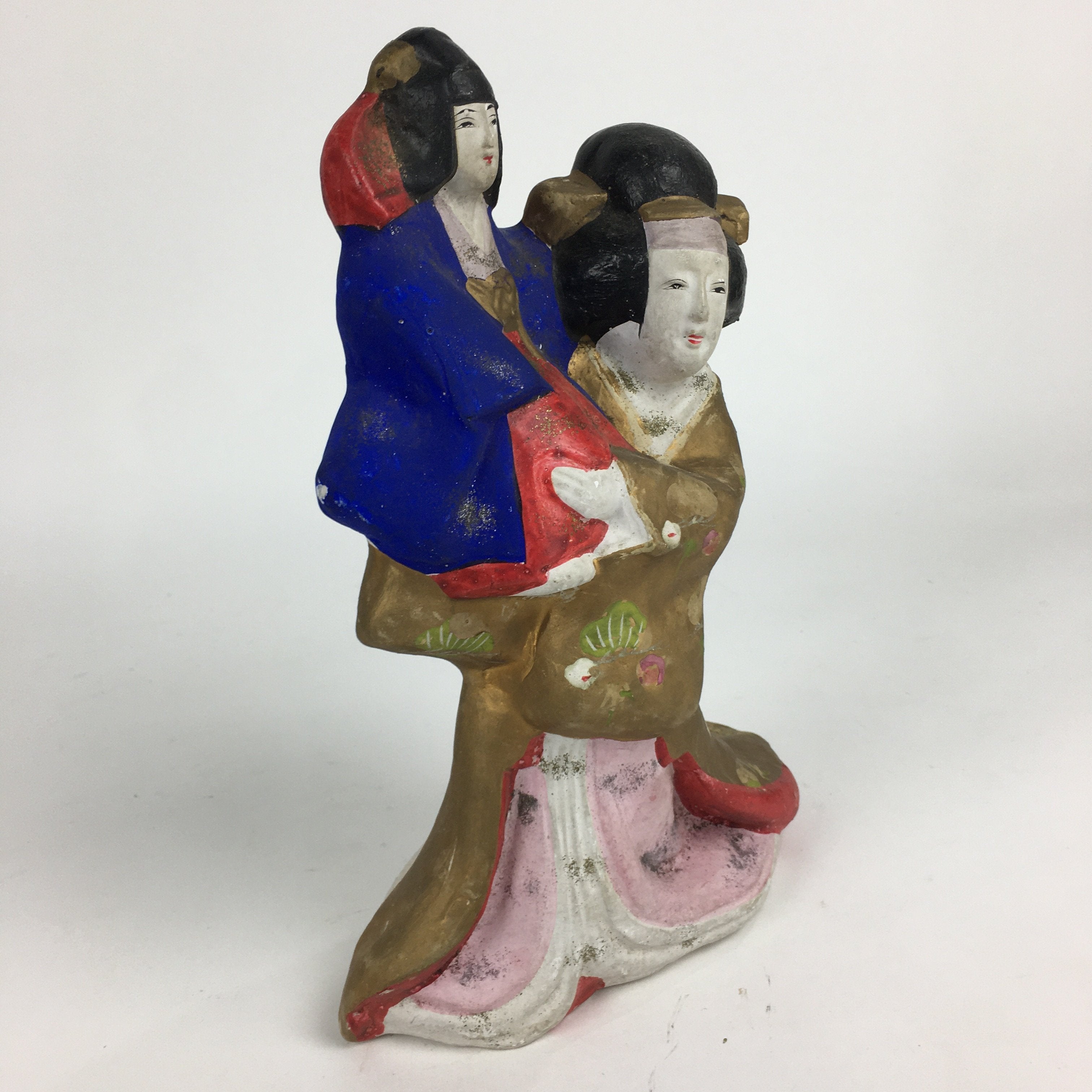 Japanese Kimono Doll Statue Vtg Plaster Mother And Child Figurine Okimono BD702
