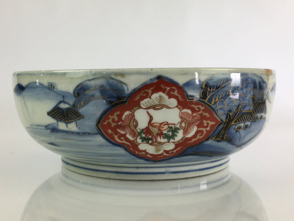 Japanese Kintsugi Porcelain Arita Ware Snack Bowl Kashiki Vtg Floral Blue PY169
