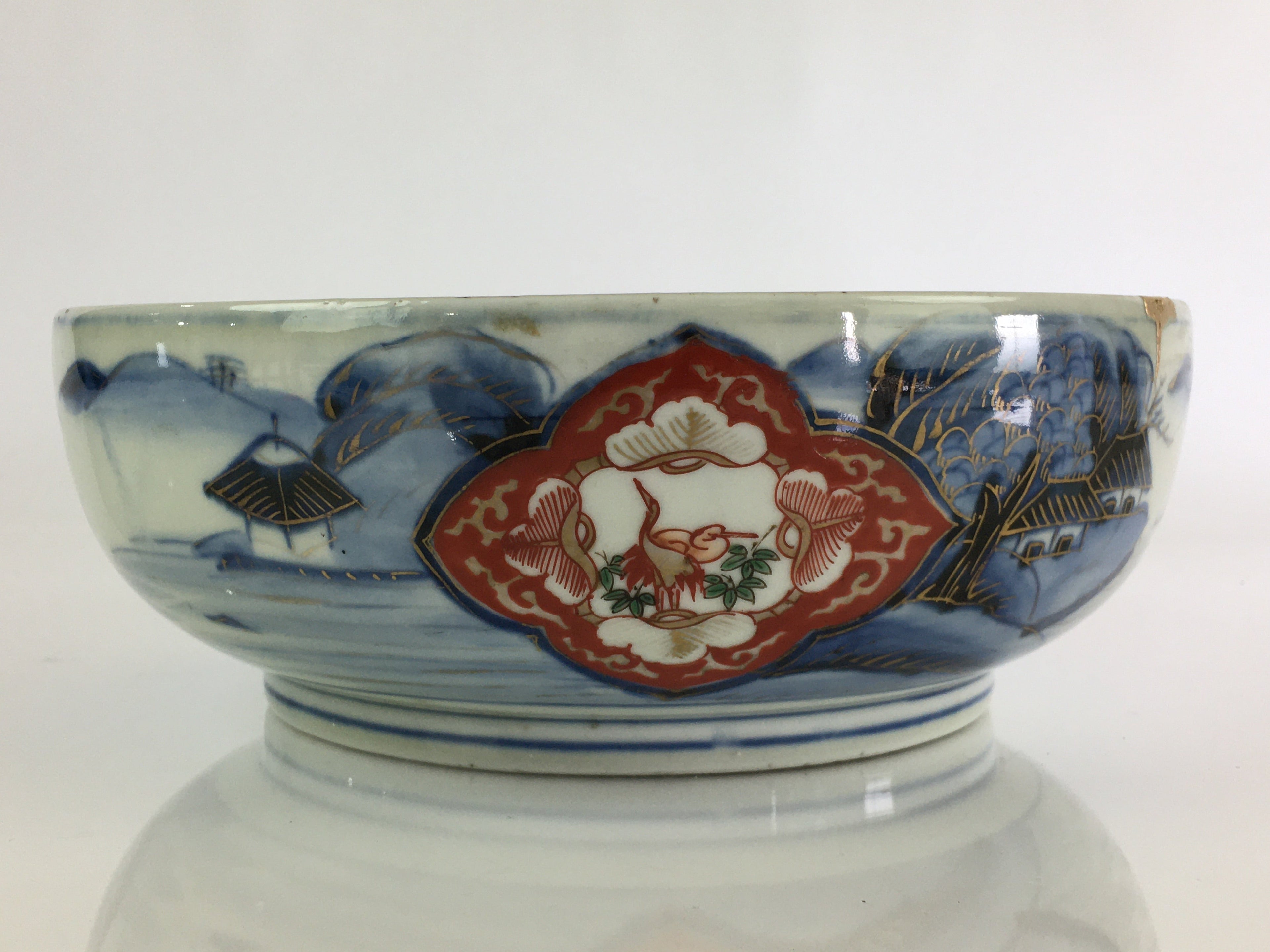Japanese Kintsugi Porcelain Arita Ware Snack Bowl Kashiki Vtg Floral Blue PY169