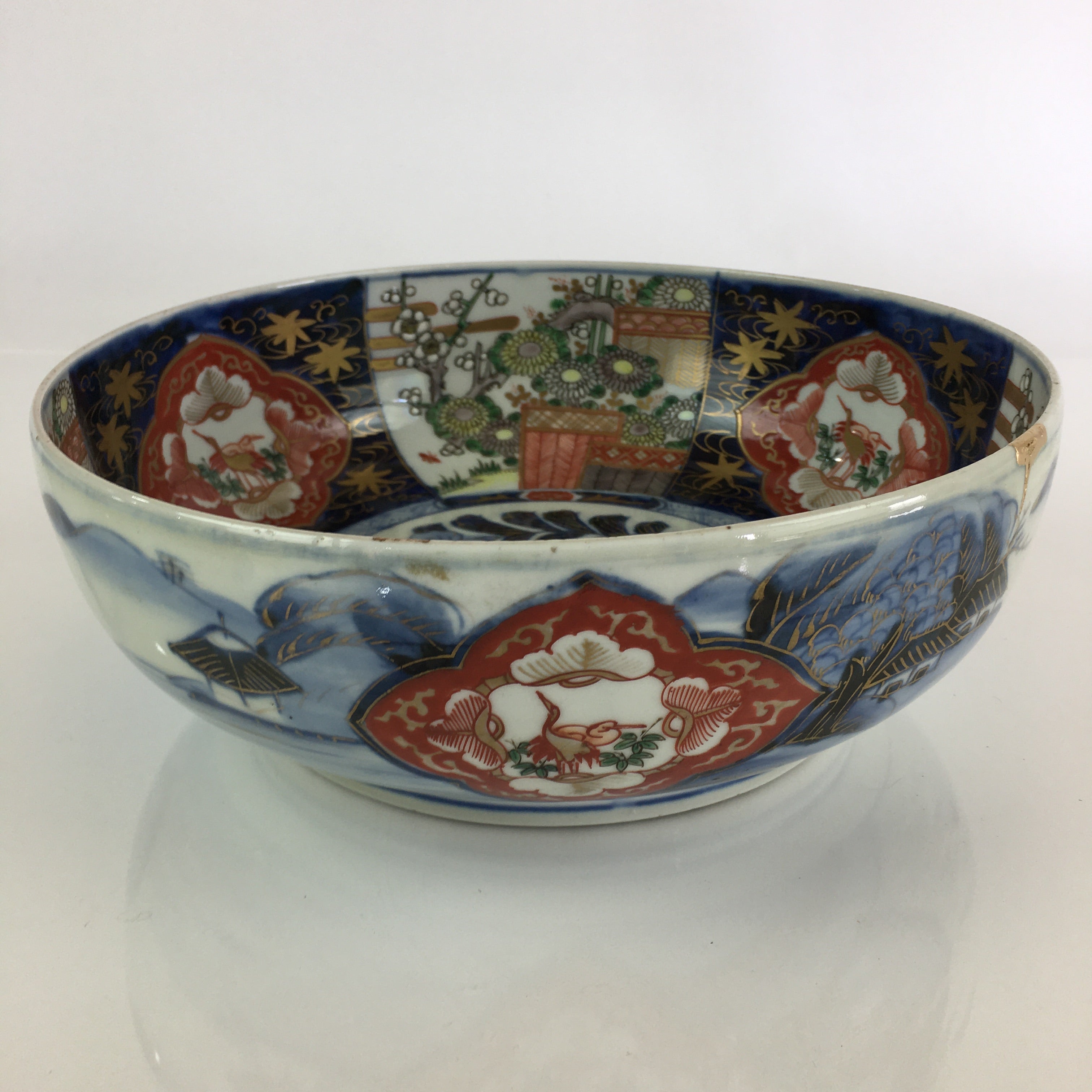 Japanese Kintsugi Porcelain Arita Ware Snack Bowl Kashiki Vtg Floral Blue PY169
