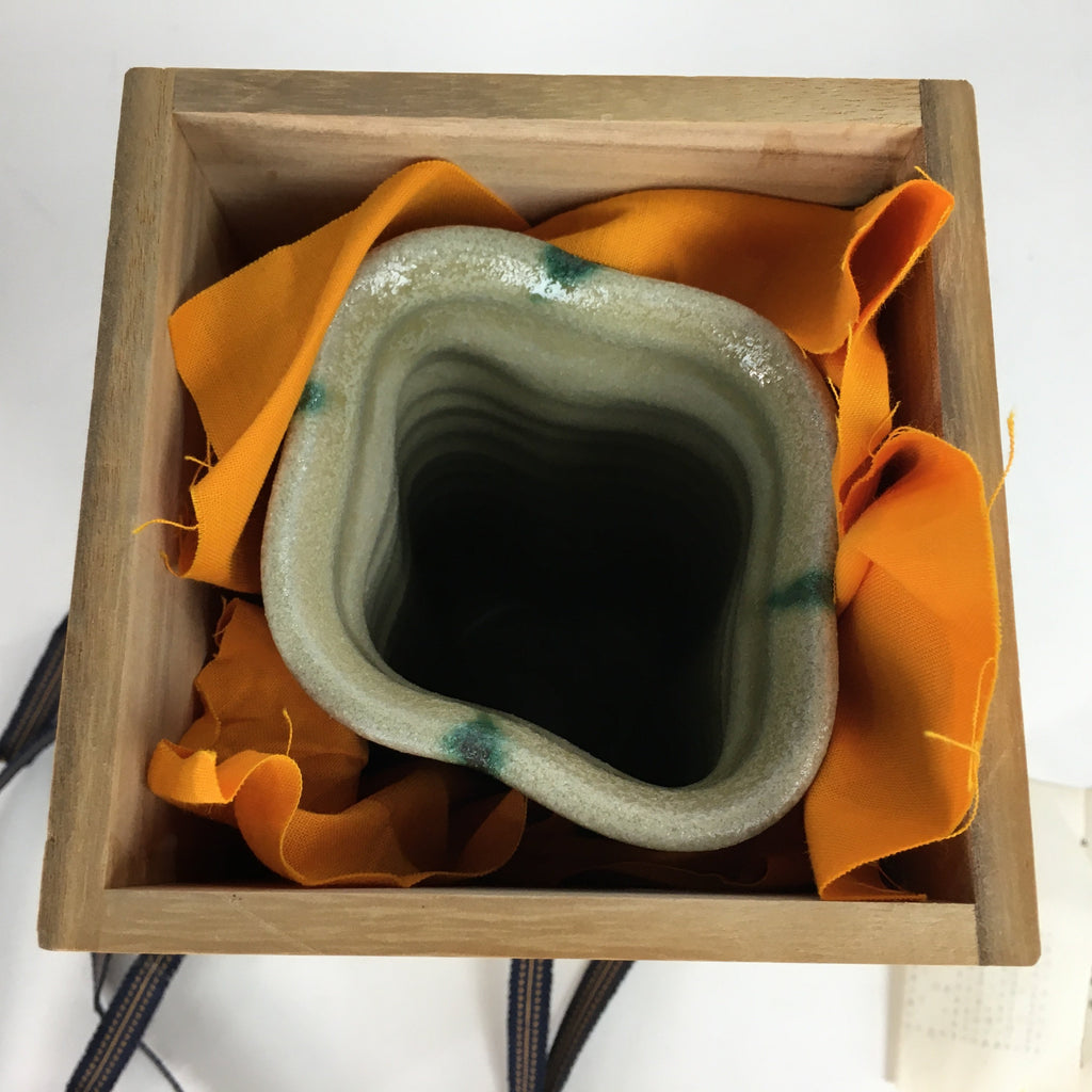 Japanese Kiseto ware Hanao Ceramic Flower Vase Vtg Green Line Kabin Box PX545