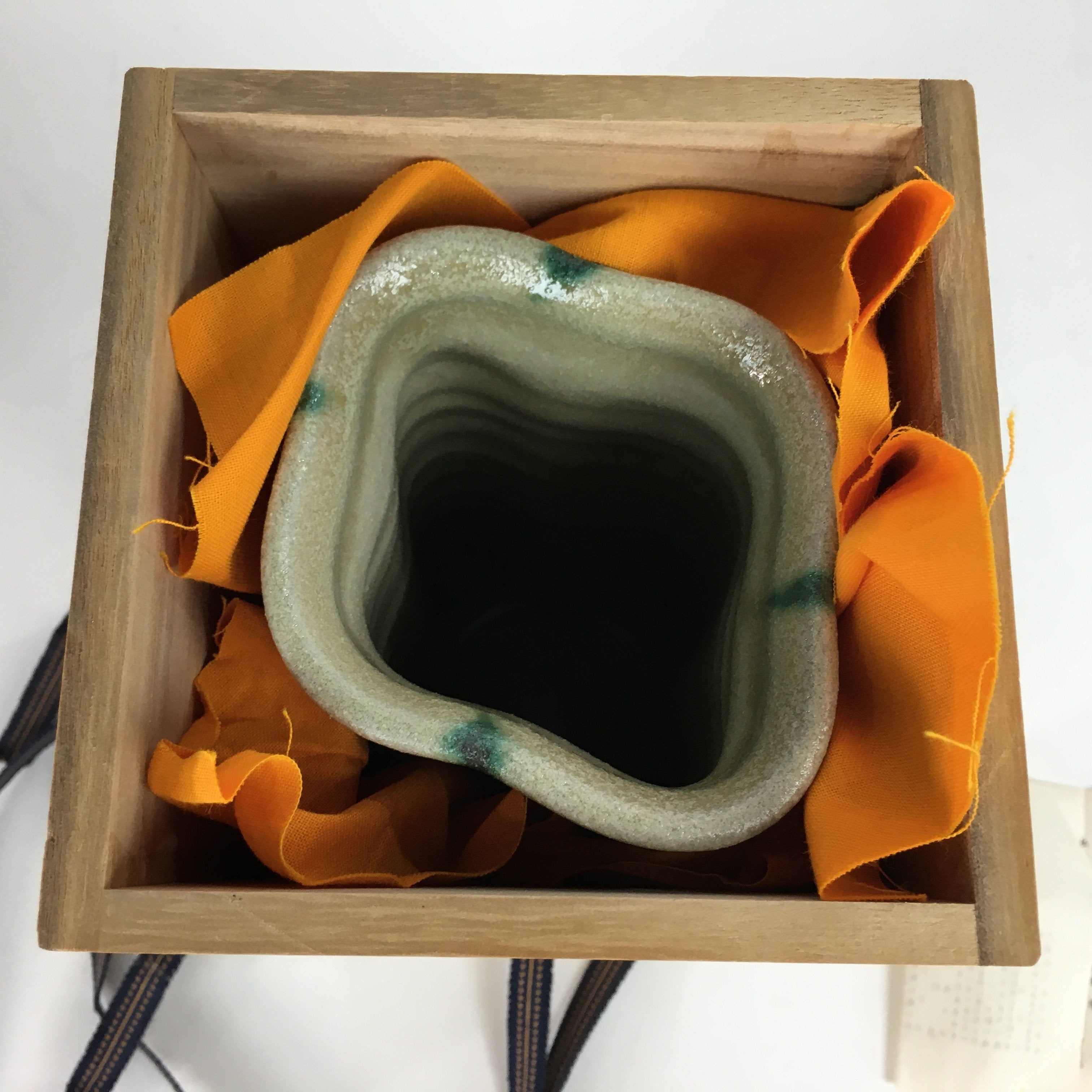 Japanese Kiseto ware Hanao Ceramic Flower Vase Vtg Green Line Kabin Box PX545
