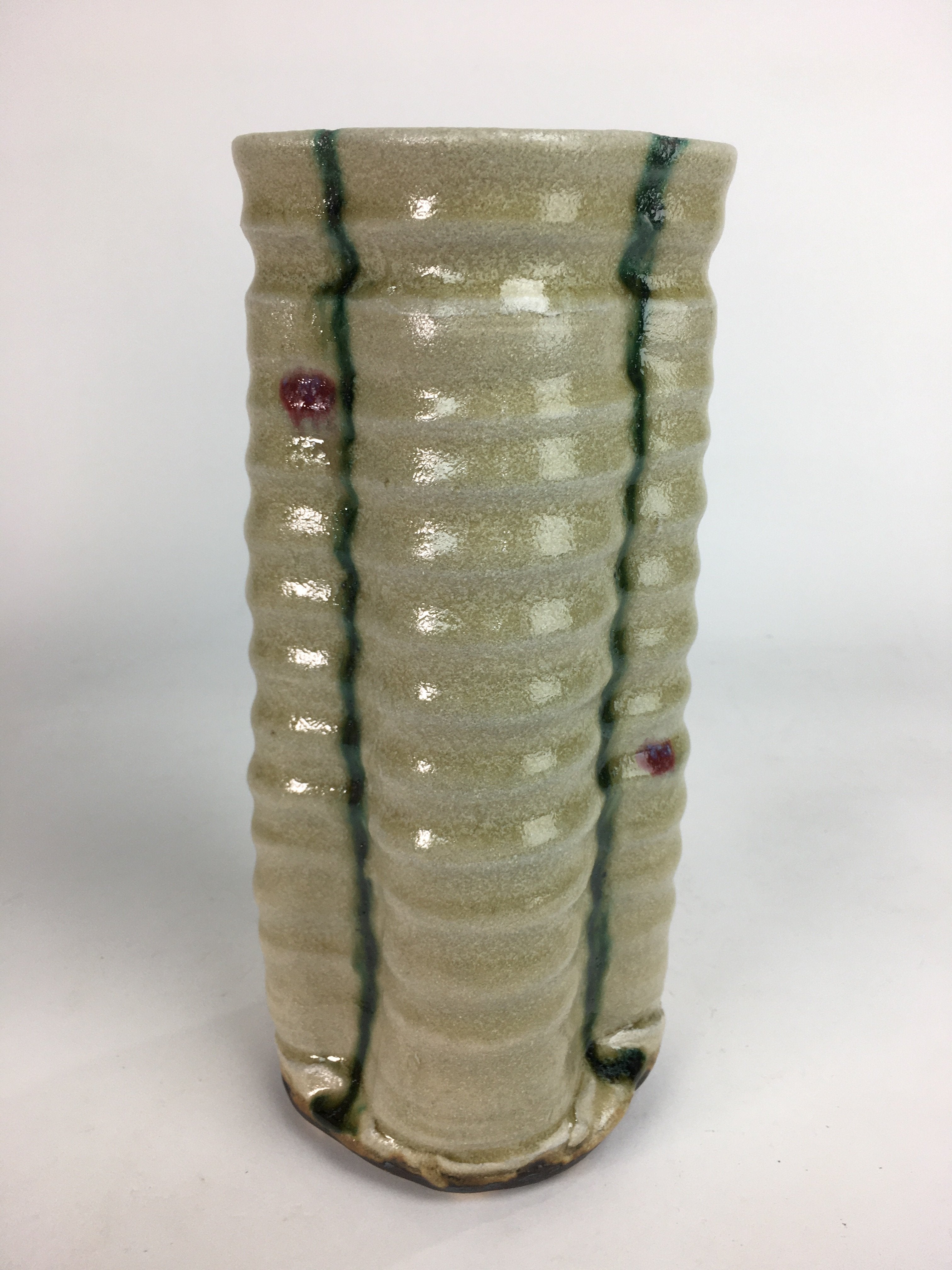 Japanese Kiseto ware Hanao Ceramic Flower Vase Vtg Green Line Kabin Box PX545