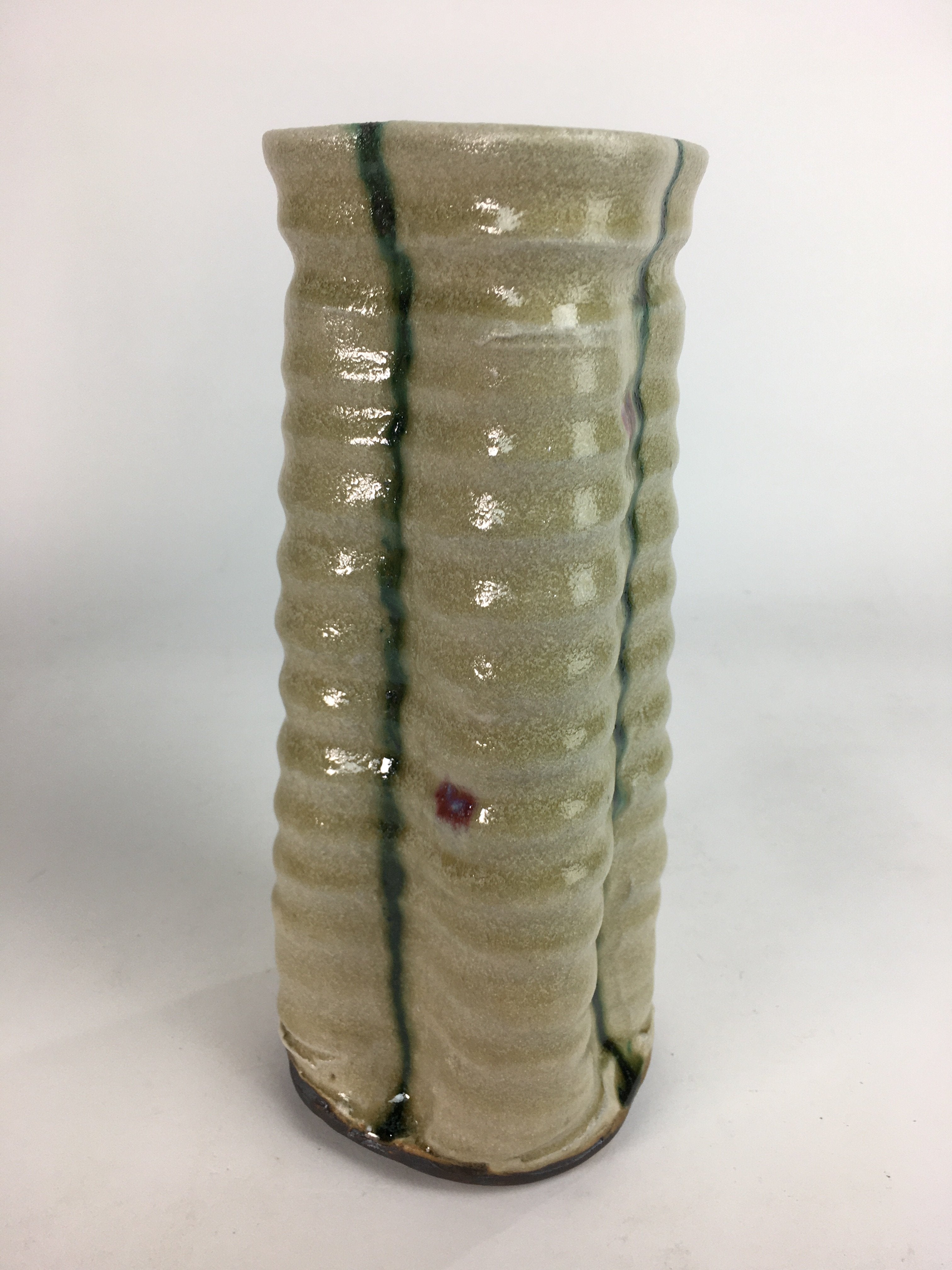 Japanese Kiseto ware Hanao Ceramic Flower Vase Vtg Green Line Kabin Box PX545
