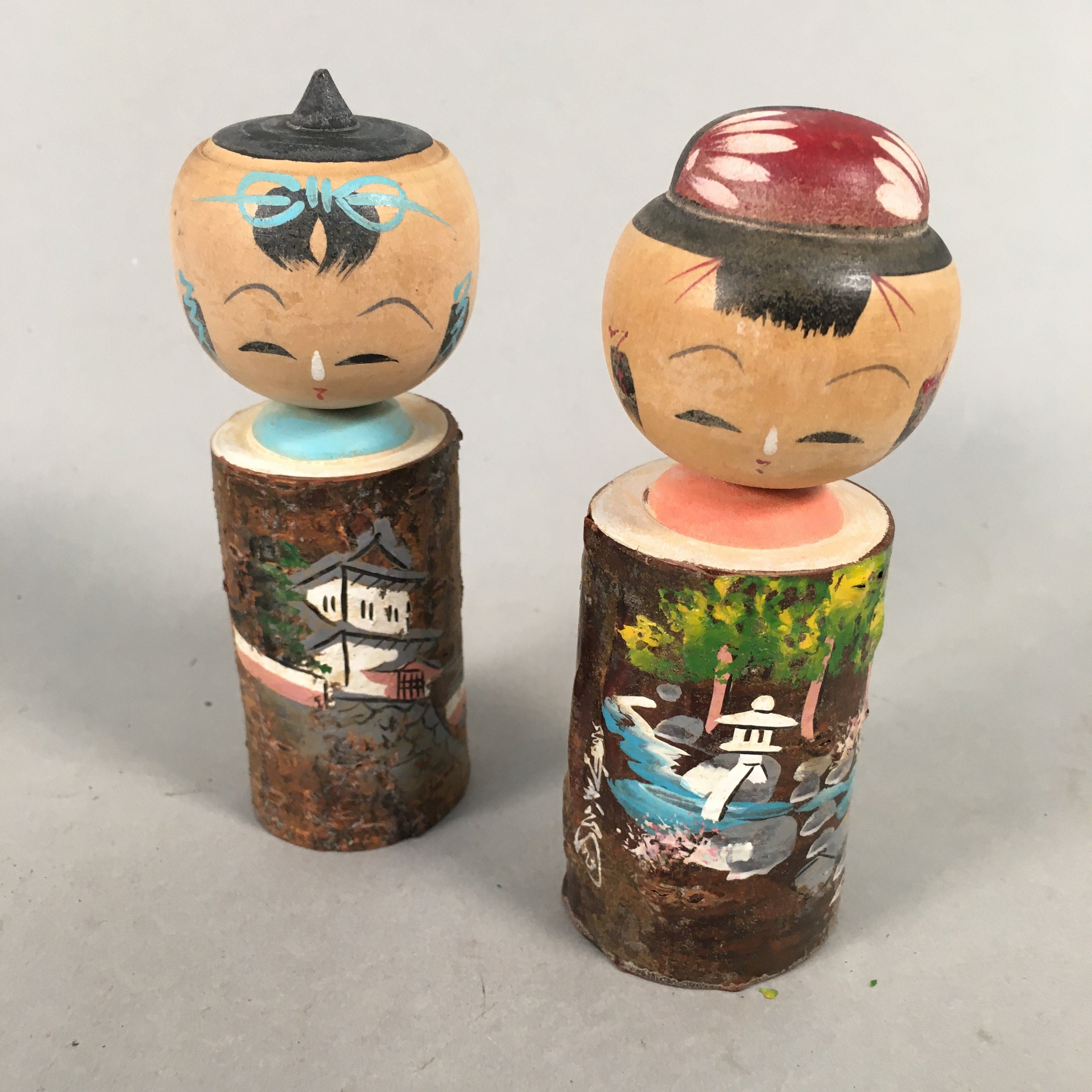 Japanese Kokeshi Doll 2pc Vtg Wooden Figurine Traditional Kokeshi Set KF541