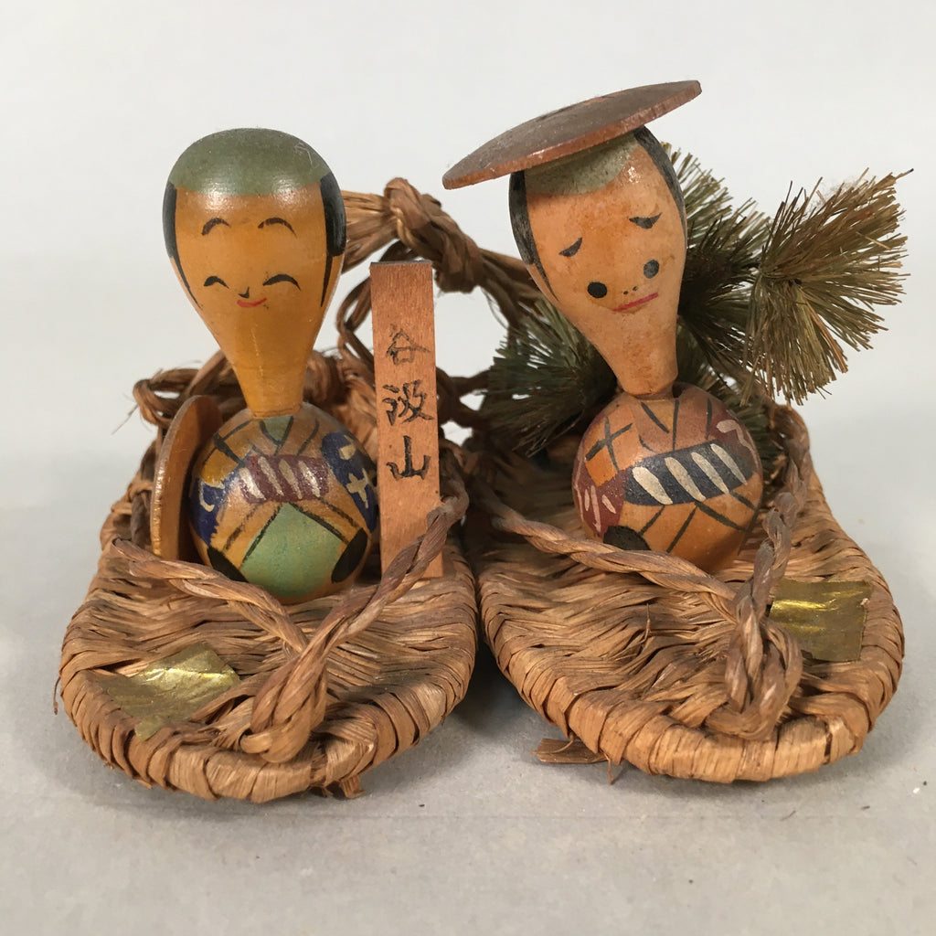 Japanese Kokeshi Doll Ornament Vtg Wood Straw Sandals Waraji Ningyo KF520