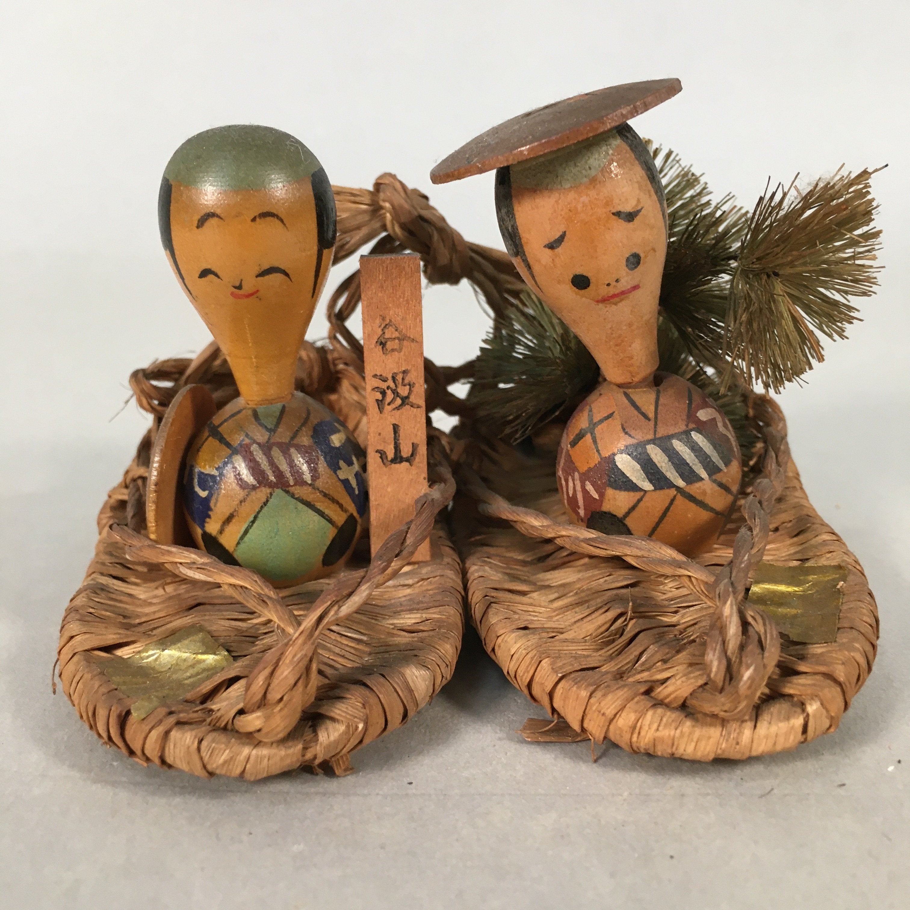 Japanese Kokeshi Doll Ornament Vtg Wood Straw Sandals Waraji Ningyo KF520