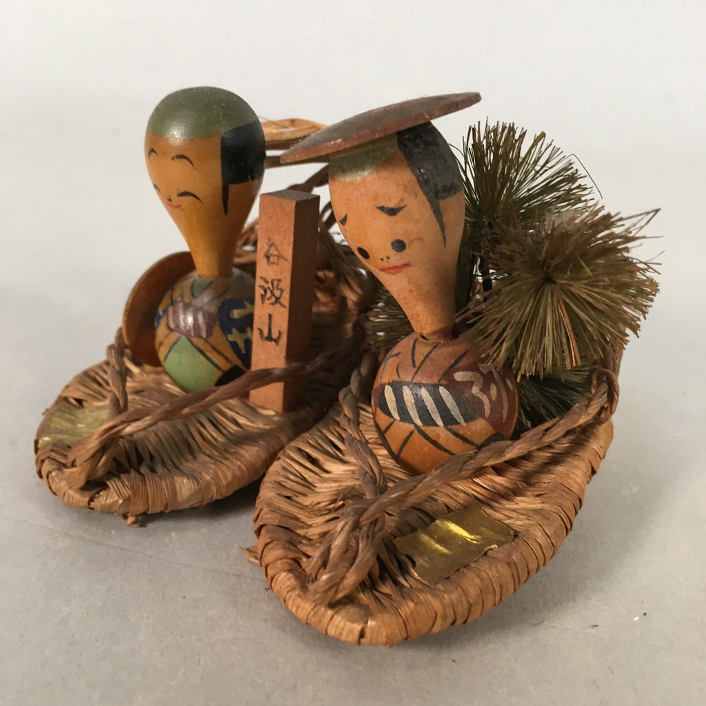 Japanese Kokeshi Doll Ornament Vtg Wood Straw Sandals Waraji Ningyo KF520