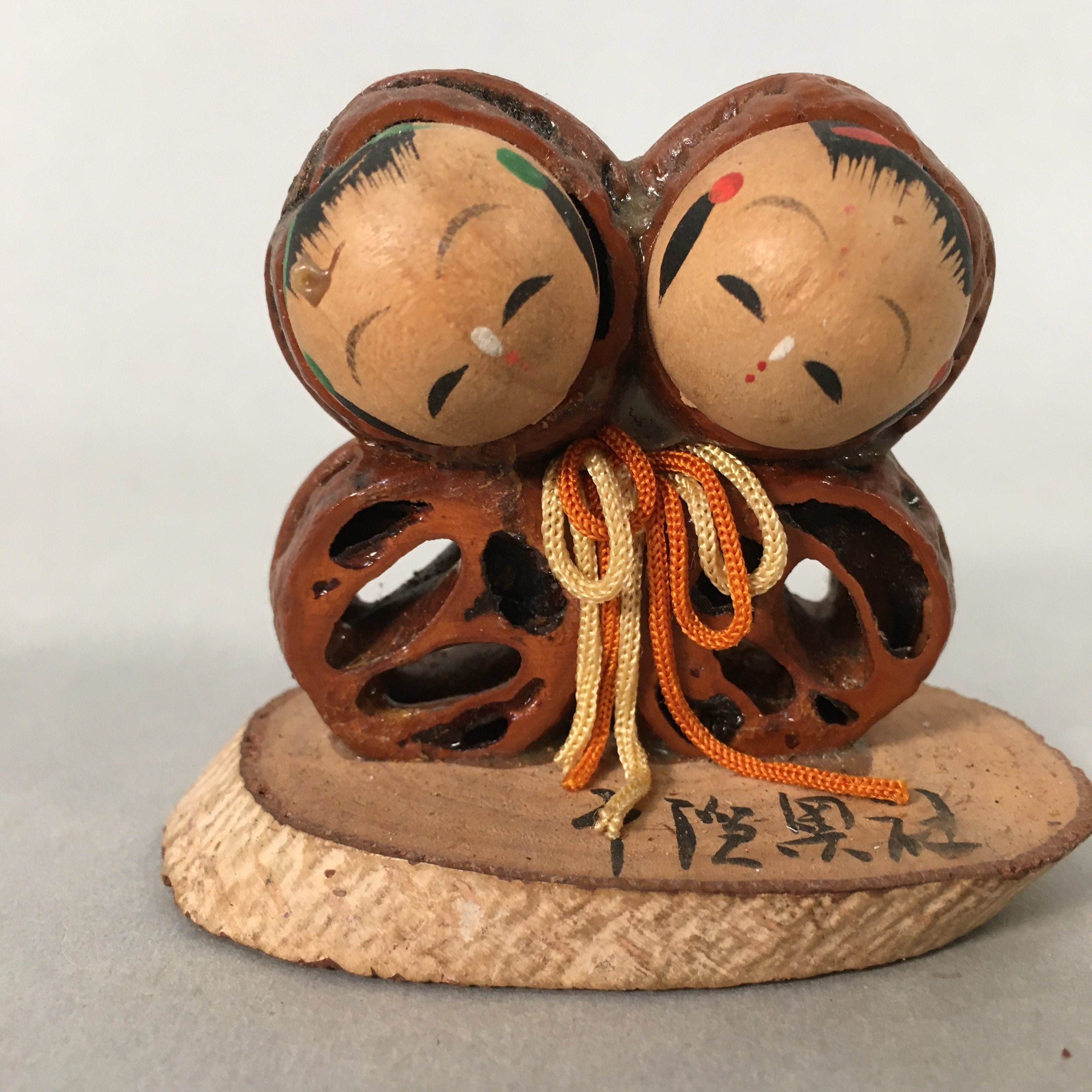 Japanese Kokeshi Doll Vtg Handmade Ornament Kids Face Twins Ningyo KF512