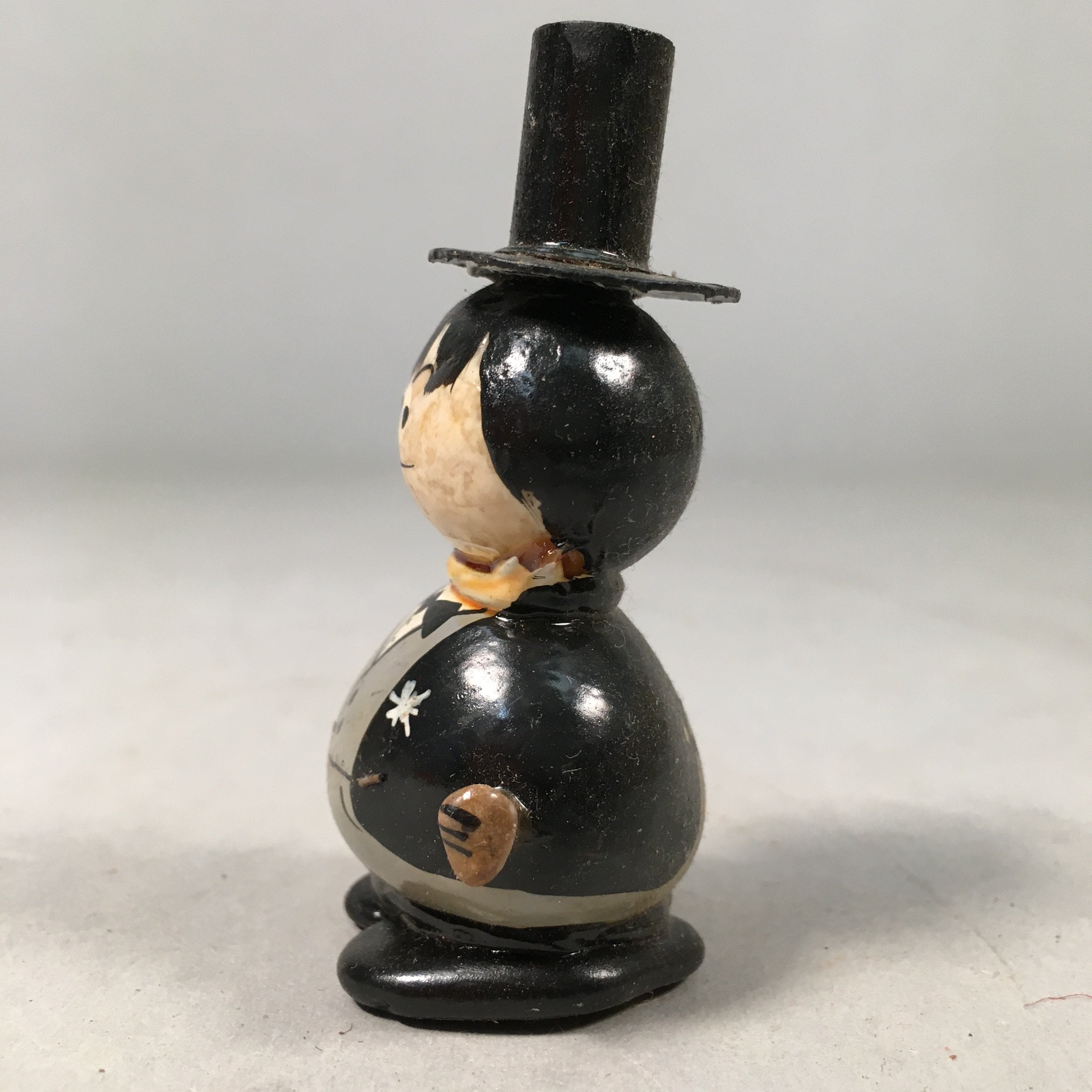 Japanese Kokeshi Doll Vtg Stone Figurine Silk Hat Tuxedo Man Round KF387