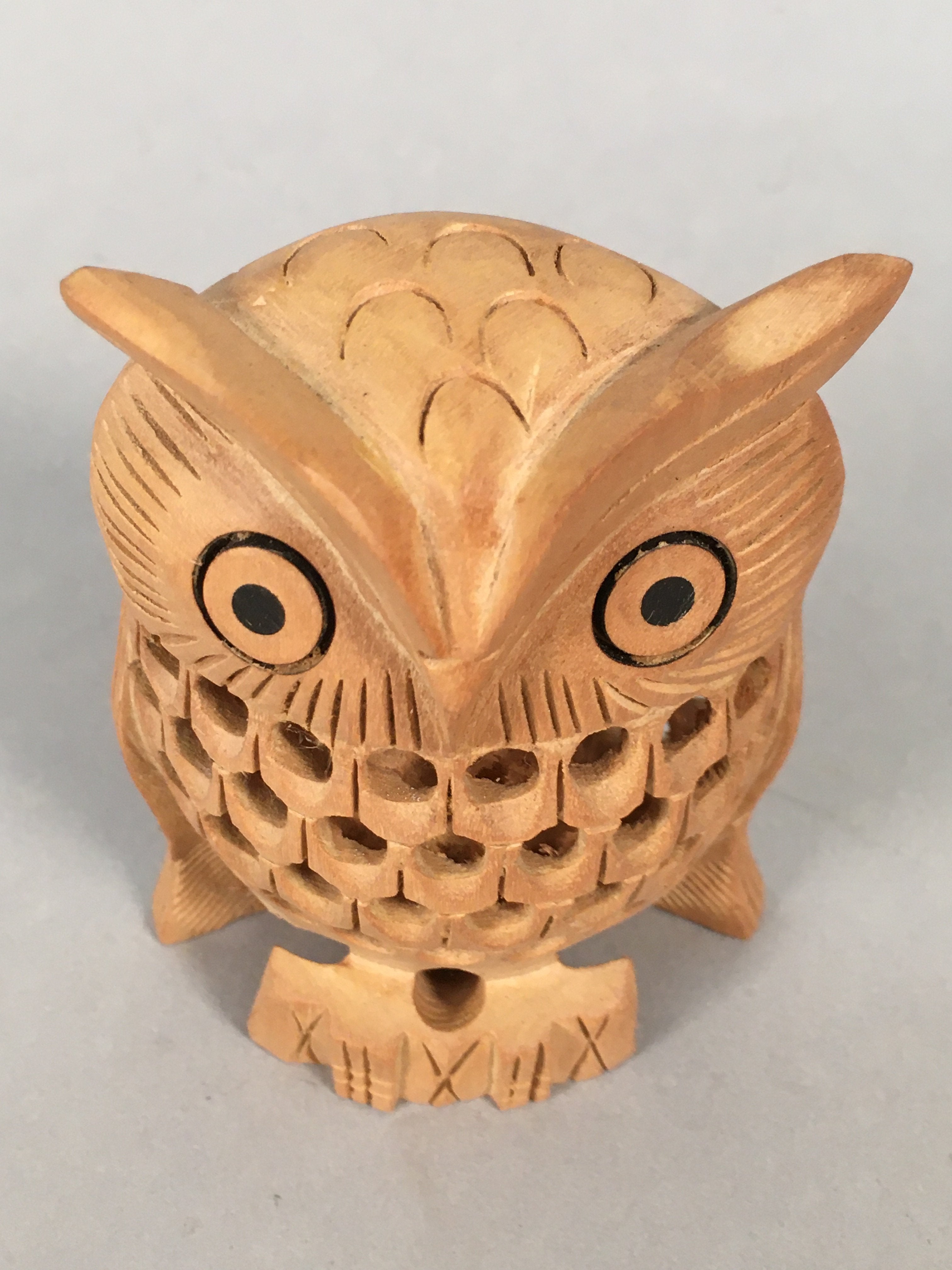 Japanese Kokeshi Doll Vtg Wooden Figurine Owl Bird Lucky Charm Lattice KF498