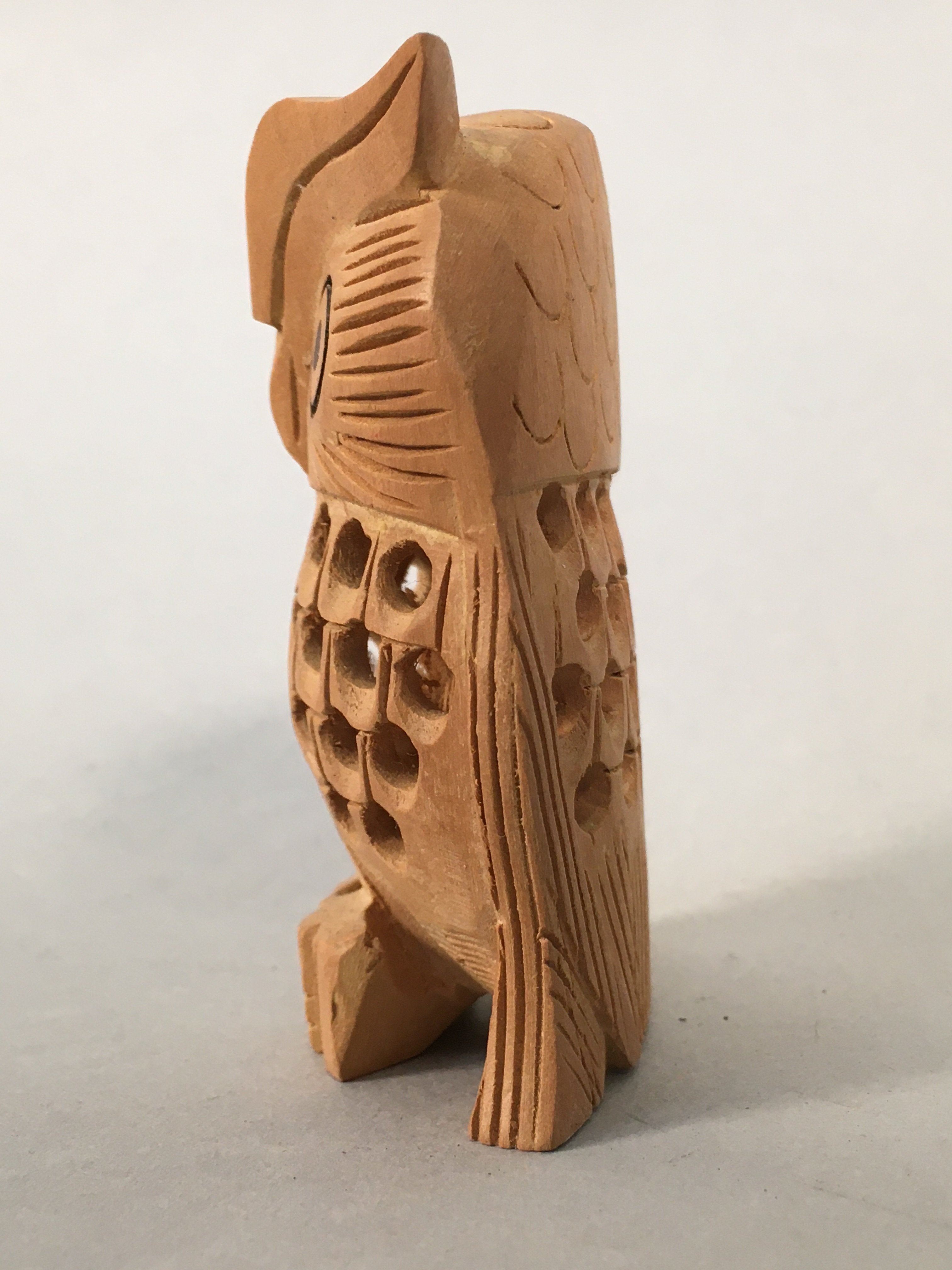 Japanese Kokeshi Doll Vtg Wooden Figurine Owl Bird Lucky Charm Lattice KF498