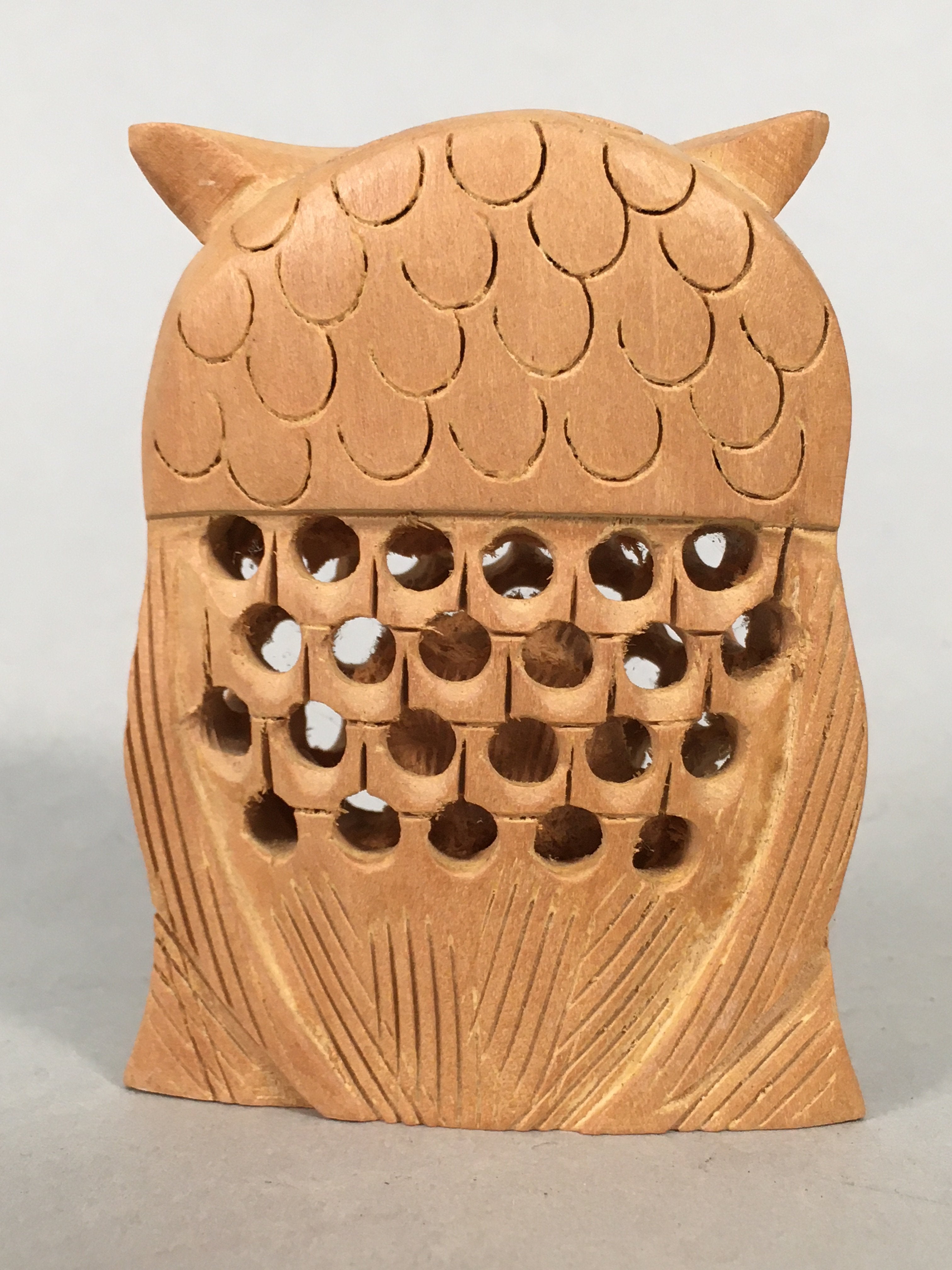 Japanese Kokeshi Doll Vtg Wooden Figurine Owl Bird Lucky Charm Lattice KF498