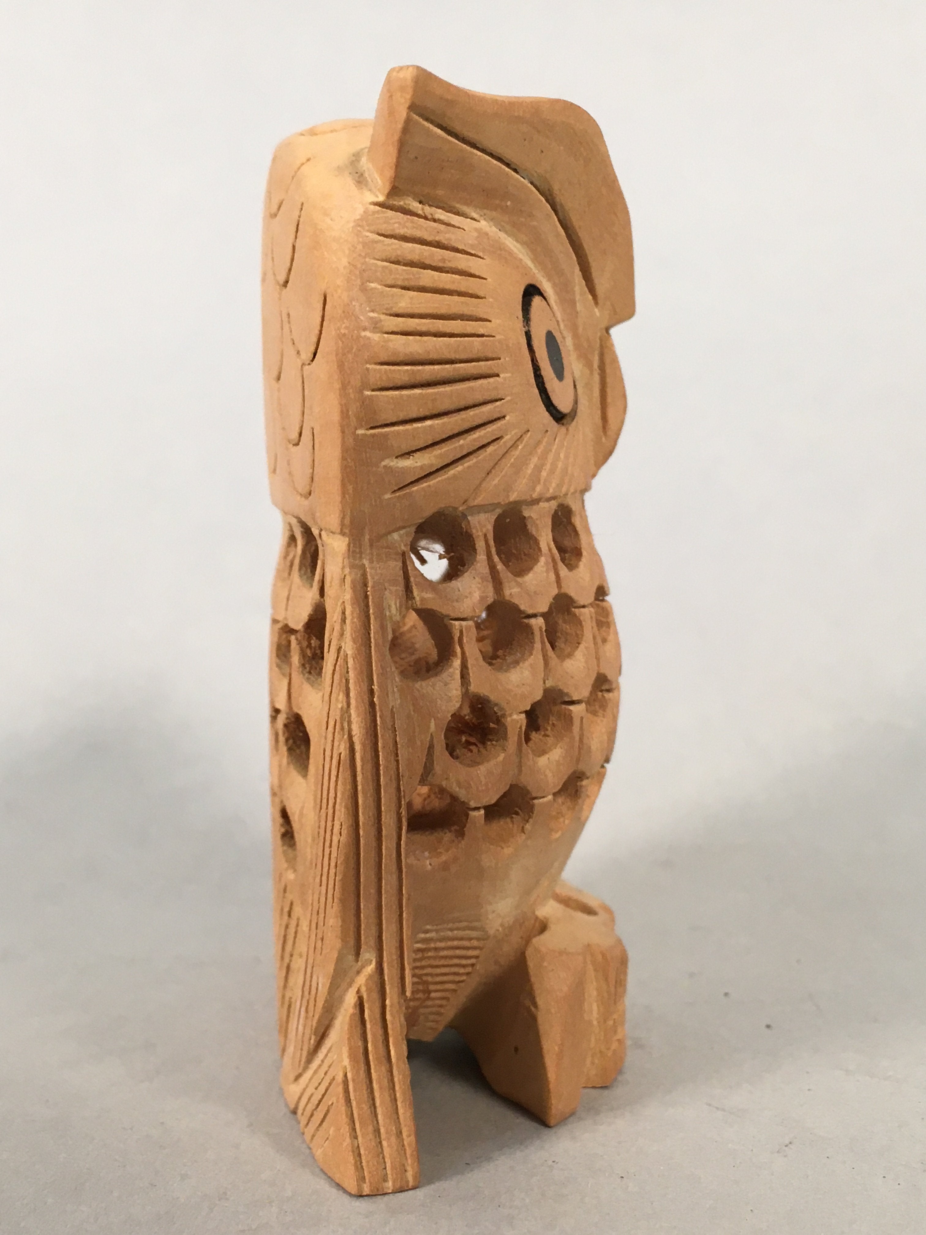 Japanese Kokeshi Doll Vtg Wooden Figurine Owl Bird Lucky Charm Lattice KF498