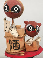 Japanese Kokeshi Doll Vtg Wooden Figurine Raccoon Dog Tanuki Sake Cup KF480