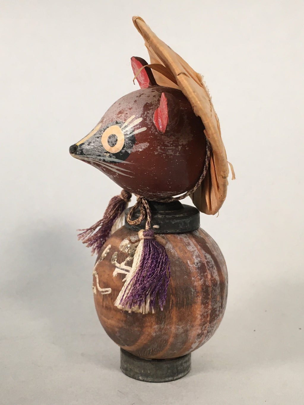 Japanese Kokeshi Doll Vtg Wooden Figurine Raccoon Dog Tanuki Wobbly Head KF482