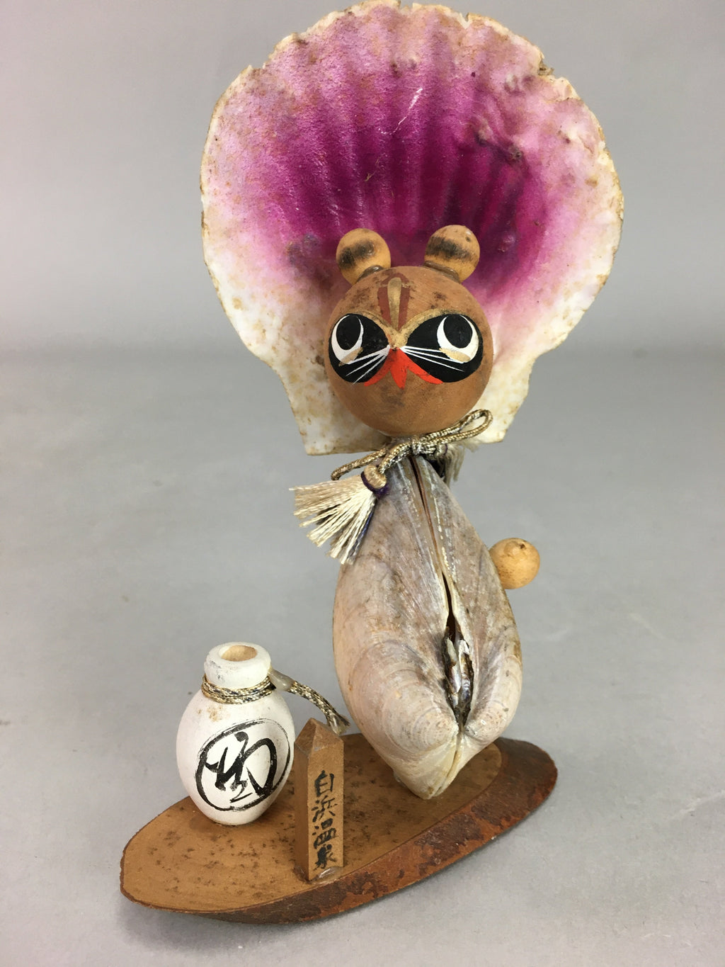 Japanese Kokeshi Doll Vtg Wooden Figurine Shell Racoon Dog Bottle KF299