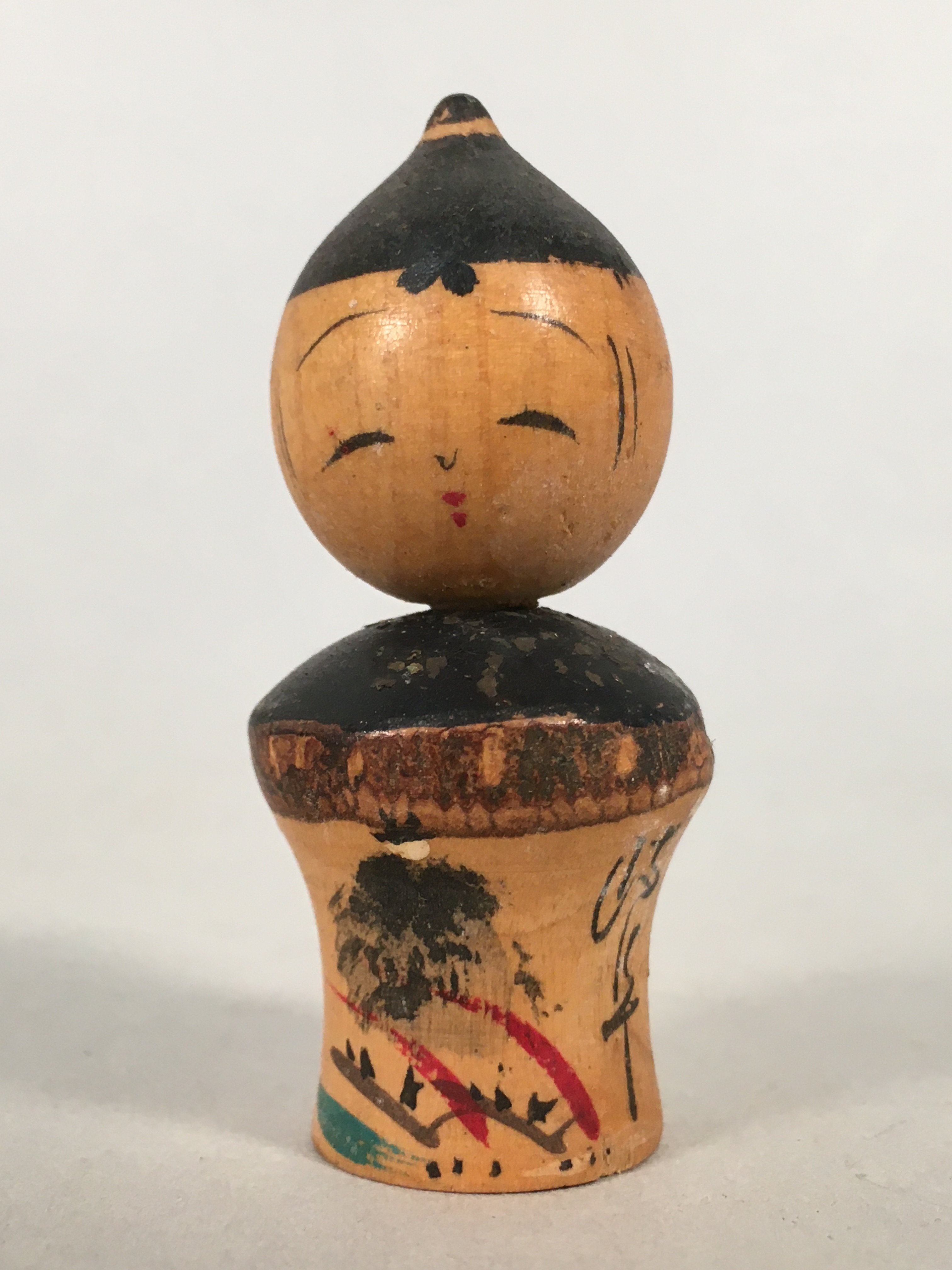 Japanese Kokeshi Doll Vtg Wooden Figurine Wobbly Head Child Bark KF475