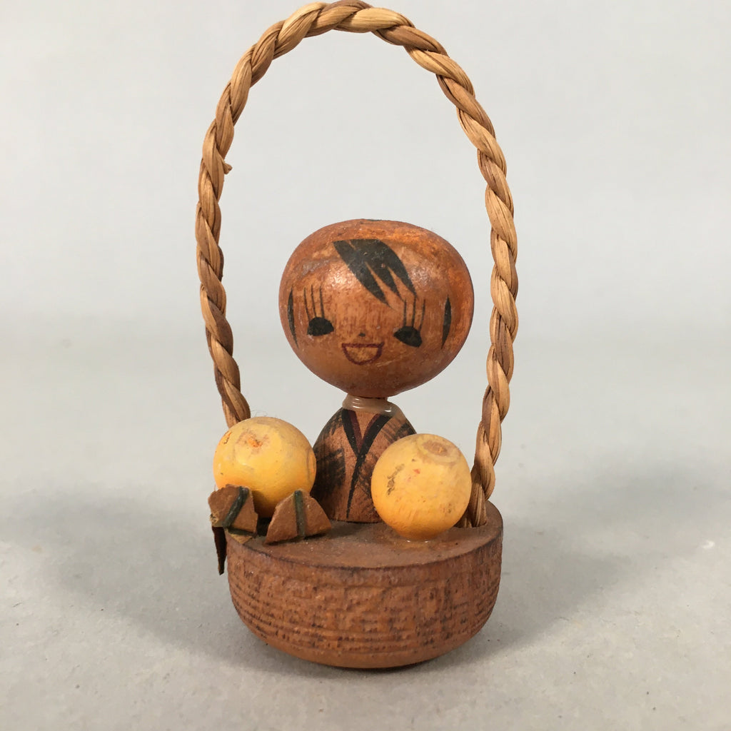 Japanese Kokeshi Doll Vtg Wooden Figurine Wobbly Head Orange Basket KF504