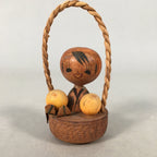 Japanese Kokeshi Doll Vtg Wooden Figurine Wobbly Head Orange Basket KF504