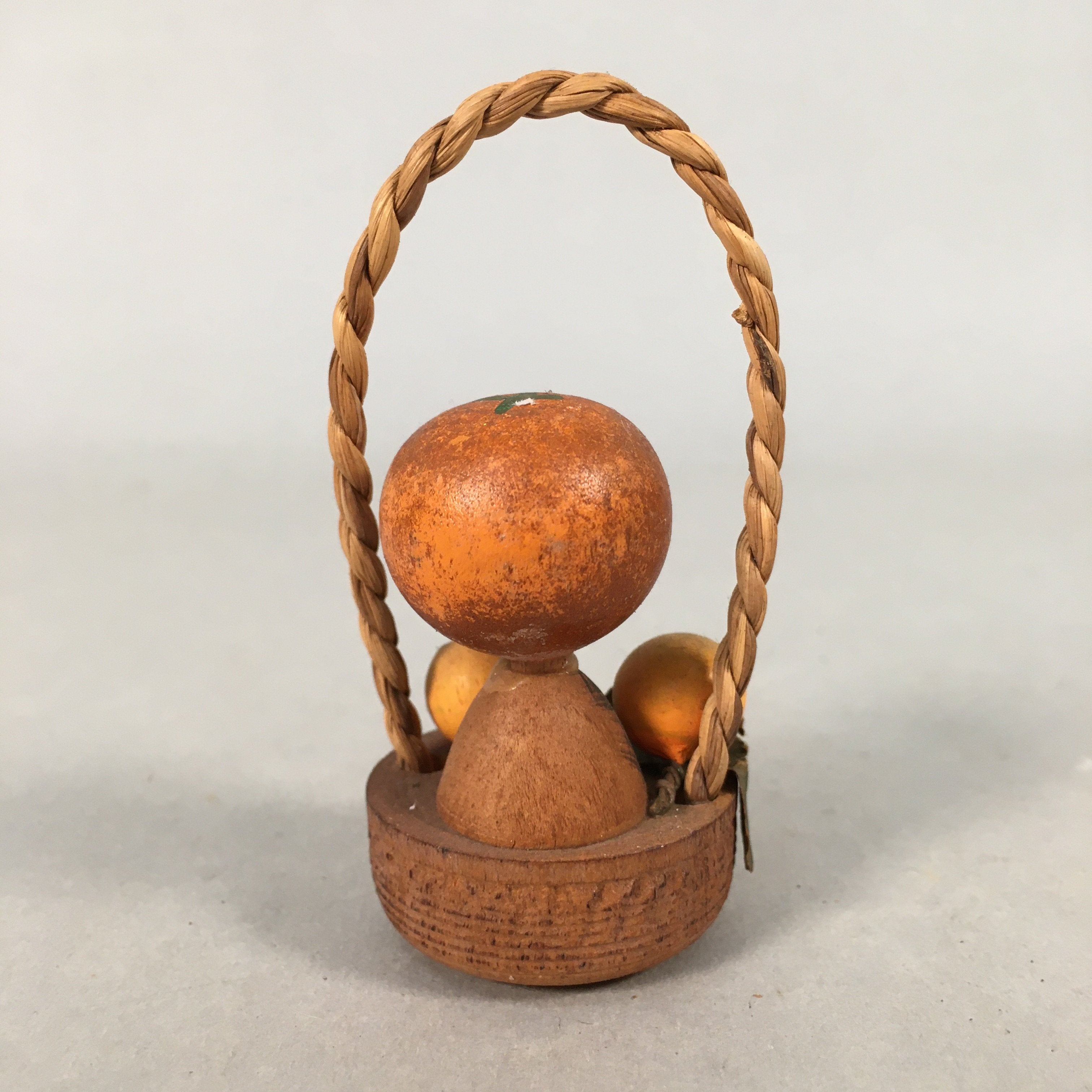 Japanese Kokeshi Doll Vtg Wooden Figurine Wobbly Head Orange Basket KF504