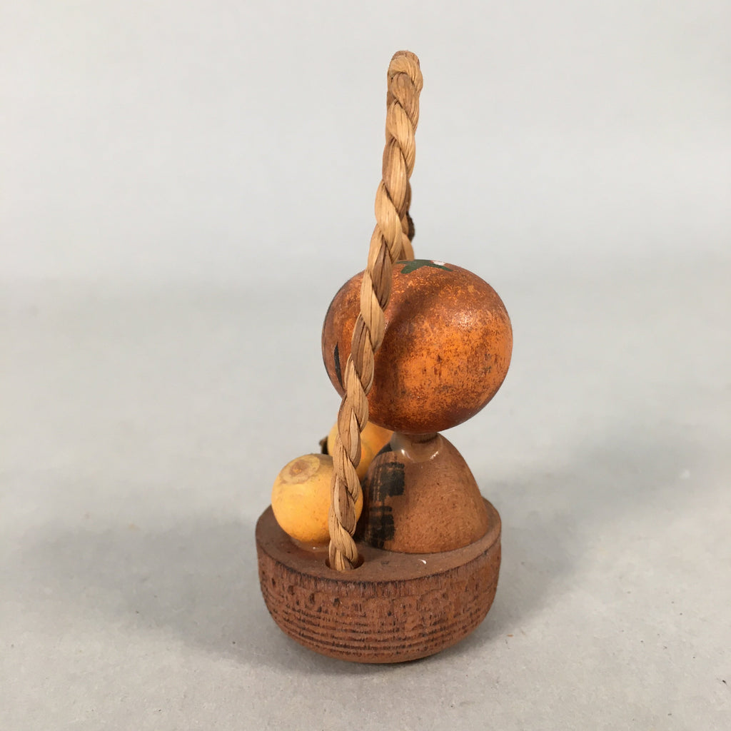 Japanese Kokeshi Doll Vtg Wooden Figurine Wobbly Head Orange Basket KF504
