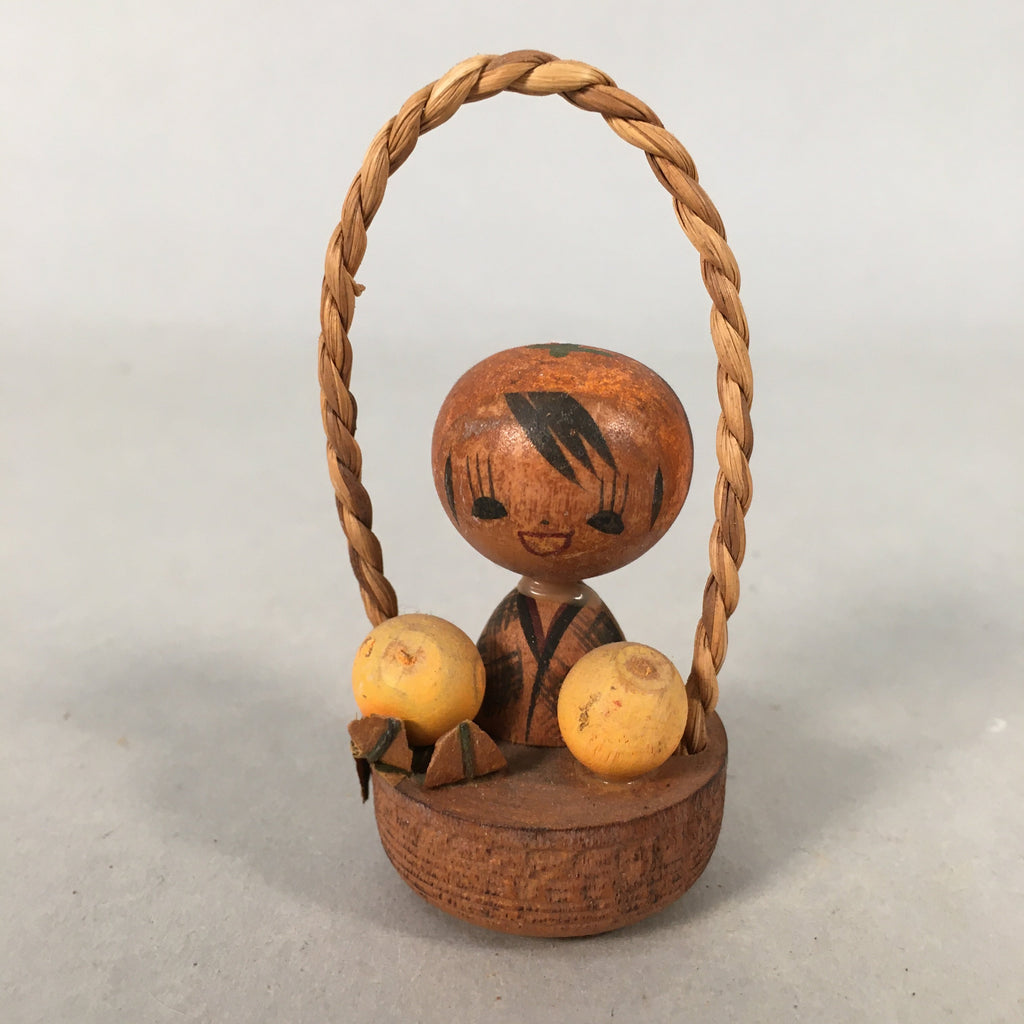 Japanese Kokeshi Doll Vtg Wooden Figurine Wobbly Head Orange Basket KF504