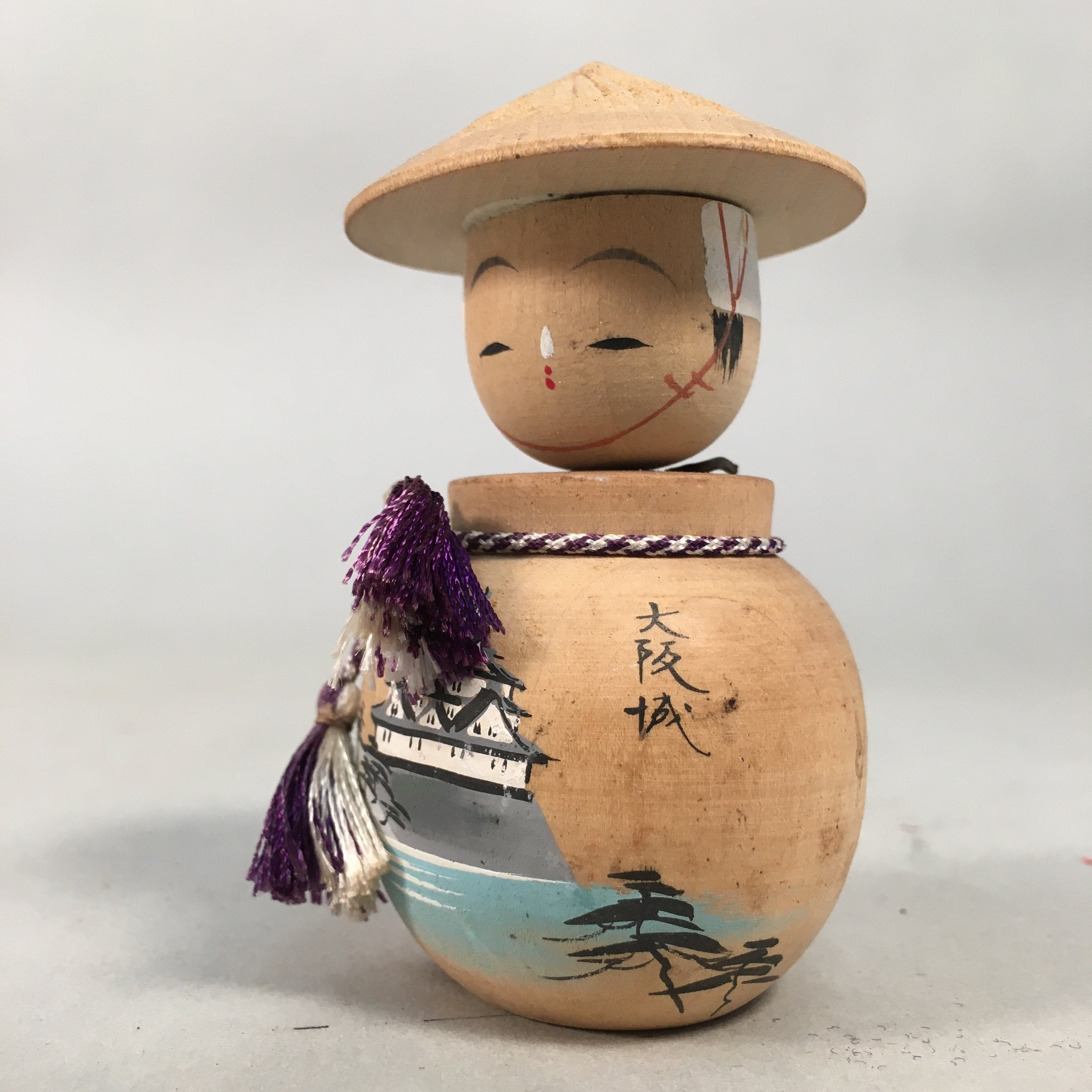 Japanese Kokeshi Doll Vtg Wooden Figurine Wobbly Head Pot Round Shade KF466