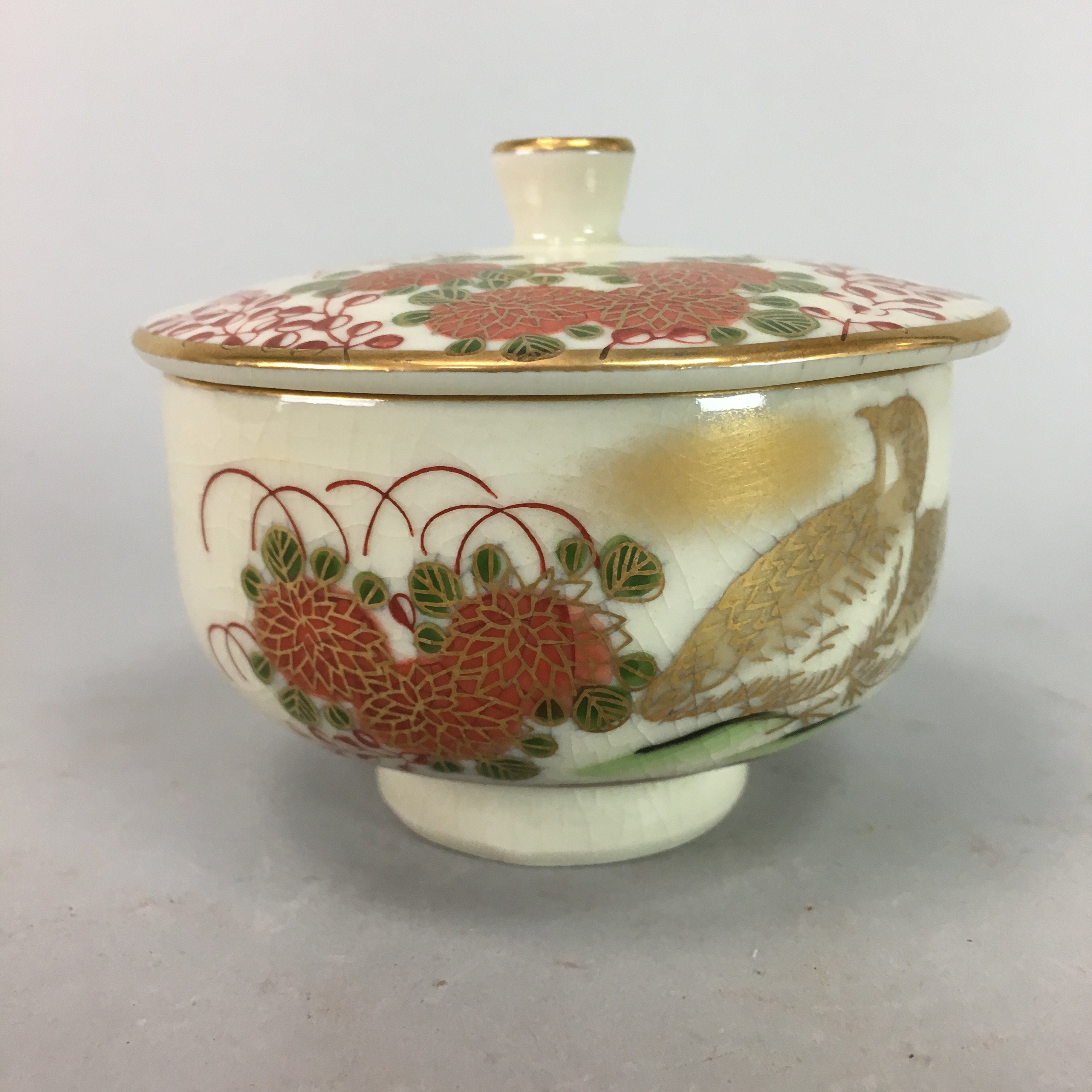 Japanese Kutani Ceramic Lidded Teacup Yunomi Bird Akae Flower Vtg Pottery QT22