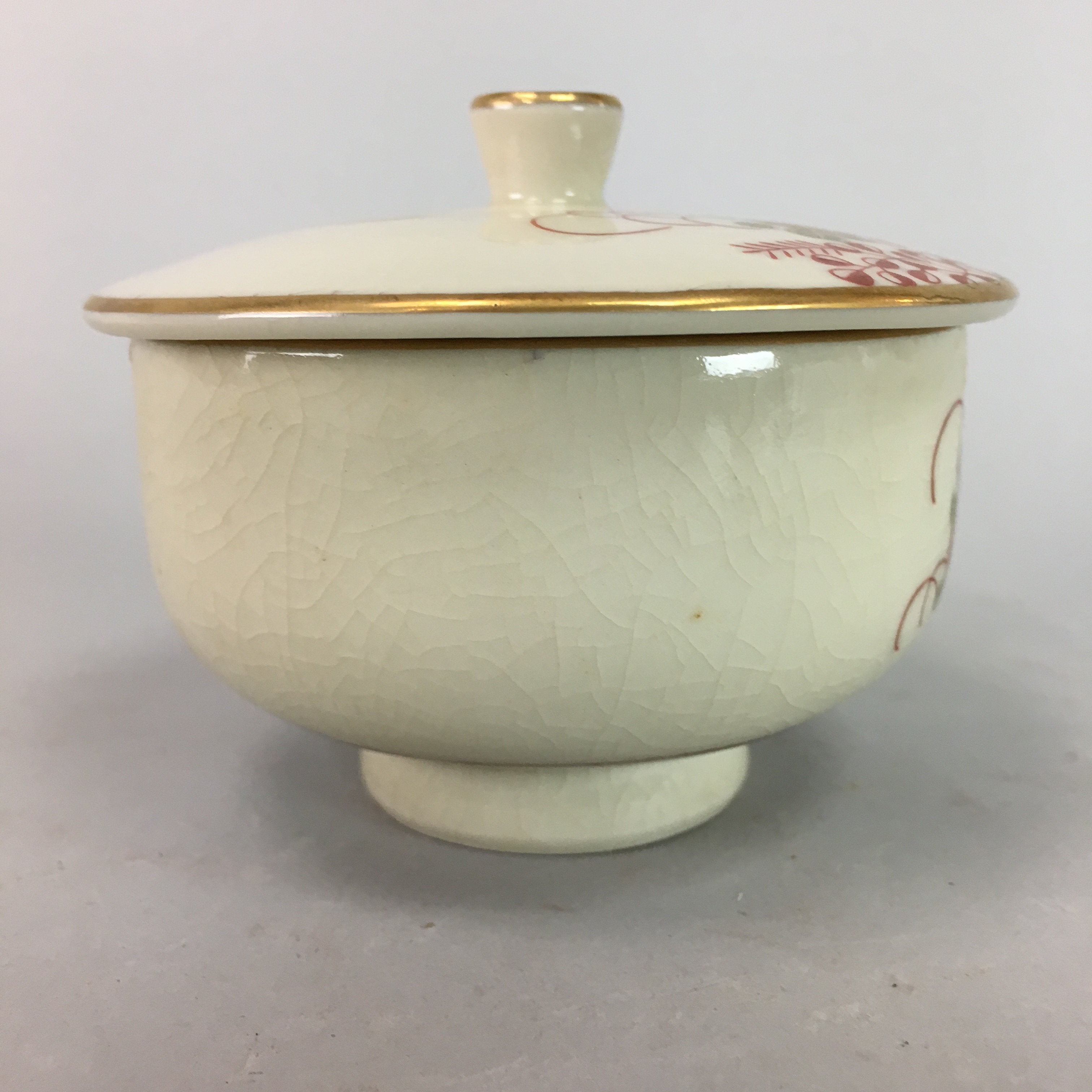 Japanese Kutani Ceramic Lidded Teacup Yunomi Bird Akae Flower Vtg Pottery QT22