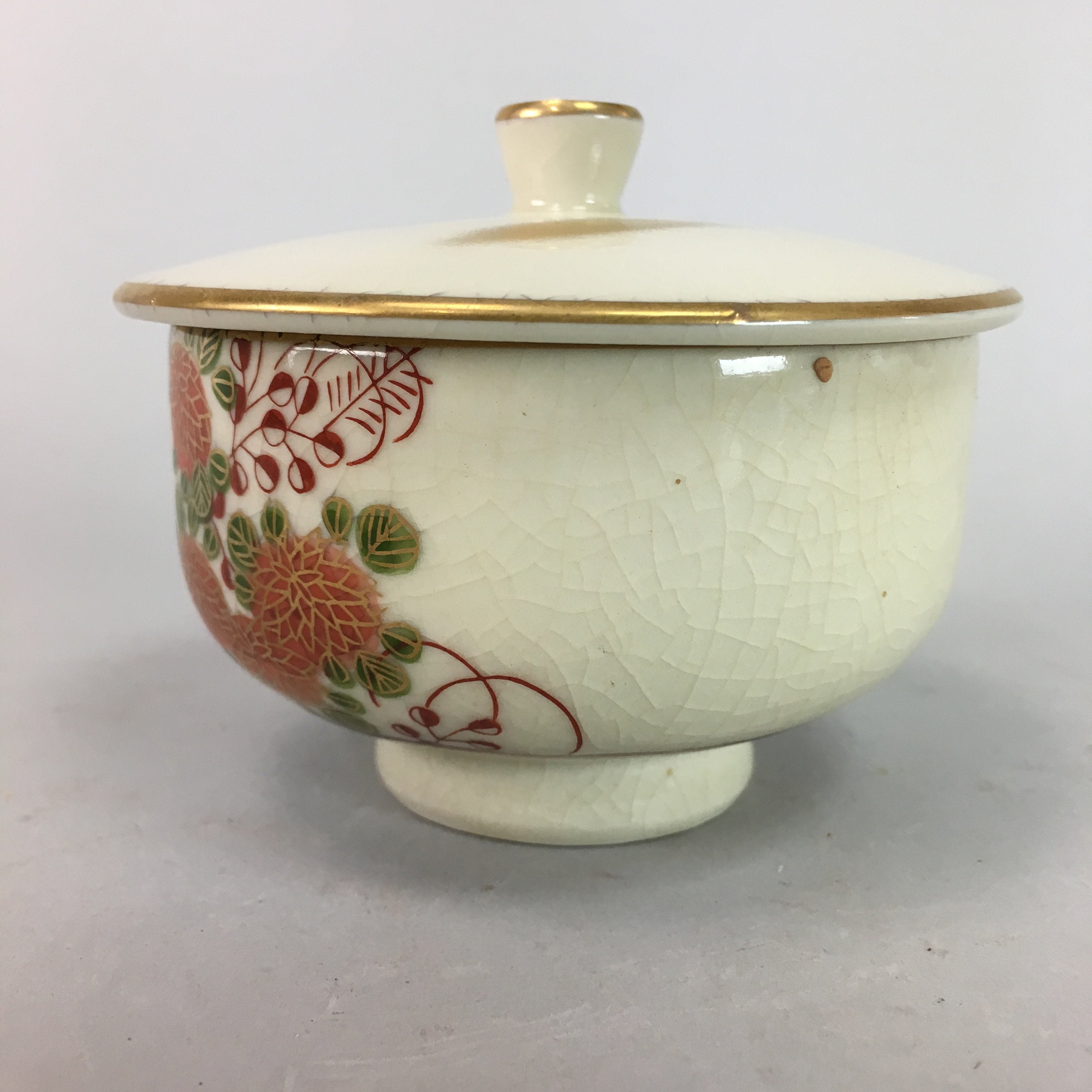 Japanese Kutani Ceramic Lidded Teacup Yunomi Bird Akae Flower Vtg Pottery QT22